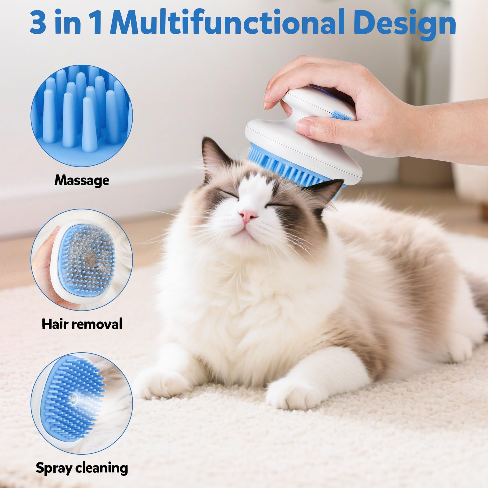 Spazzola a vapore per gatti 3 in 1 (Massaggio, Spruzzatura e rimozione dei capelli) in silicone ricaricabile, pettine spray per animali domestici