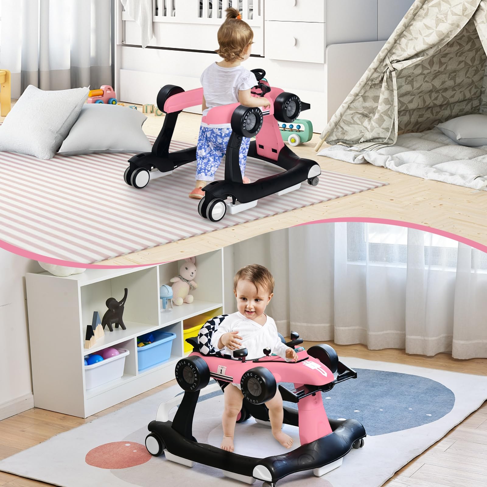 LIFEZEAL Girello Neonato 6-18 Mesi, 4 in 1, Girello per Bambini 6-18 Mesi, Baby Walker Pieghevole, con Altezza e Velocità di Ruote Regolabili, Primi Passi, con Luce e Musica, Portata 15 kg, Rosa