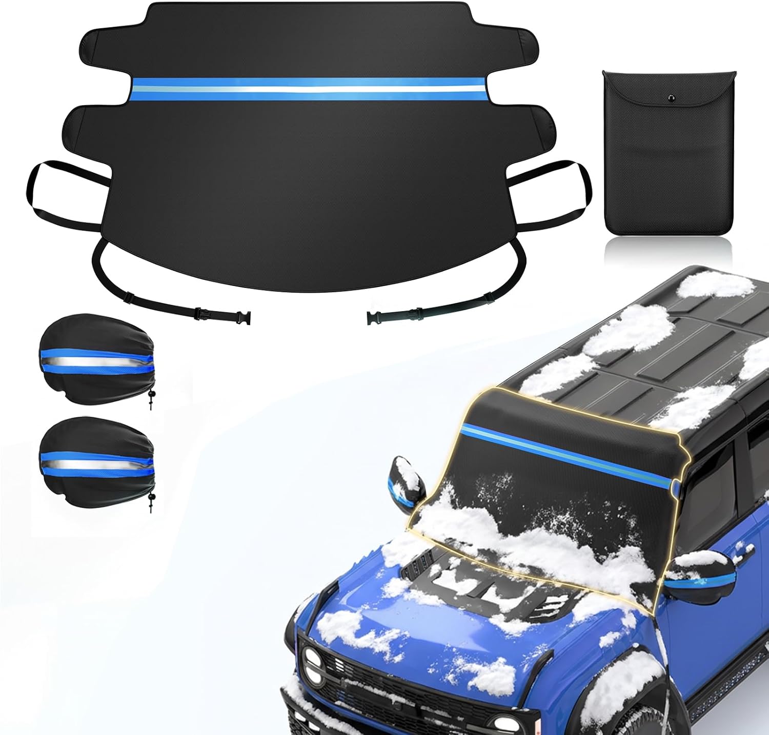 Windshield Cover for Ice and Snow, 600D Windshield Snow Cover with Elastic Strap Buckles, Mirror Covers, Anti-Theft, Frostproof & Windproof, Fits Large SUVs Pickups Trucks Vans (72"x 50")