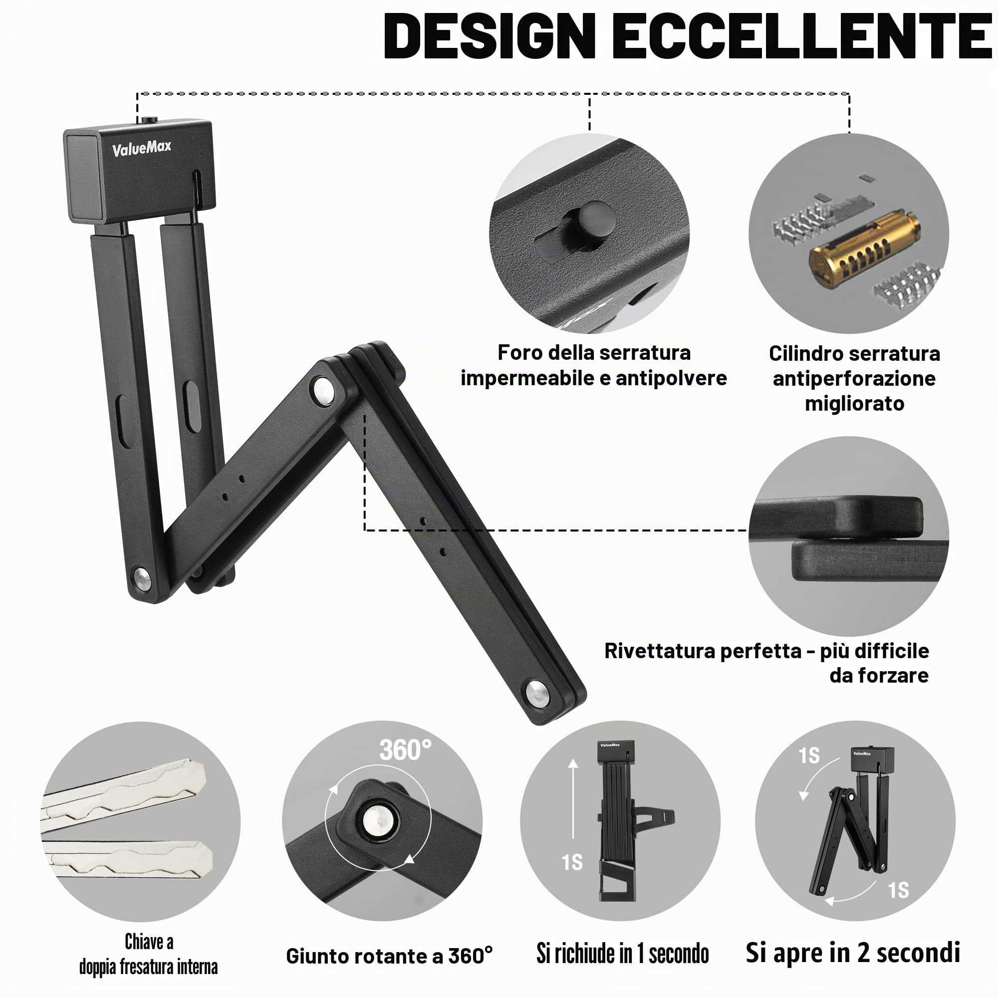 ValueMax Lucchetto Pieghevole Bici 100cm, Lucchetto Antifurto Bici Portatile con 2 Chiavi e Staffa di Montaggio, Adatto per Biciclette, Moto e Porte