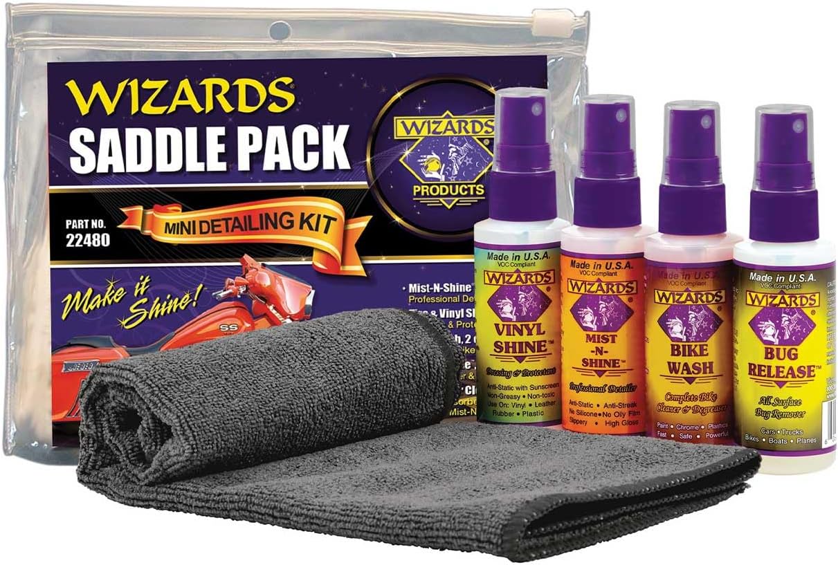Wizards Motorcycle Cleaner Kit - 5 Piece Motorcycle Accessories Saddle Pack - Motorcycle Detailing Supplies - Bike Surface Cleaner and Tire Cleaner - Powerful Stain Removal Kit With Tire Protectant