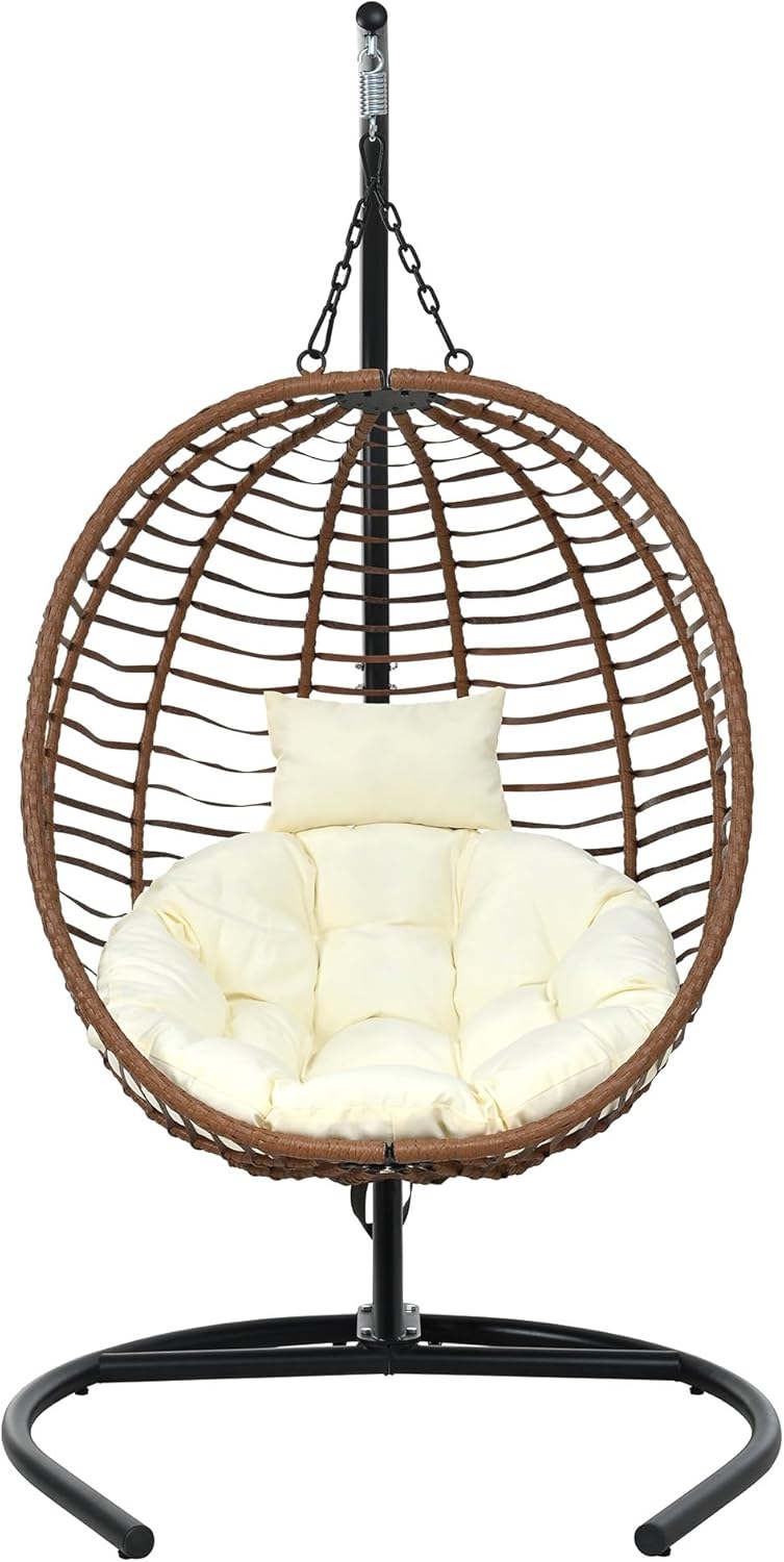 U_Style Single Person Folding Egg Chair with Stand, Hanging Egg Chair Indoor Outdoor, Wicker Hammock Swing Chair with Adjustable Anti-Slip Feet,Suitablecony,Arden(Brown+Beige)
