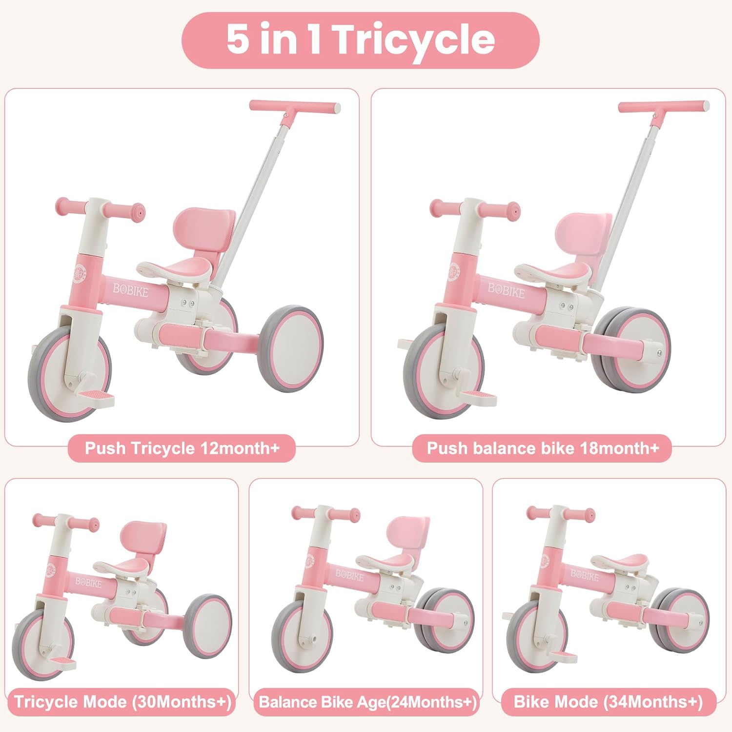 Bobike 5-in-1 Tricycle for Toddlers 18 Months to 5 Years Old, Toddler Bike, Kids Tricycle with Push Handle and Backrest, Toddler Balance Bike with Easy Assembly for Boys and Girls.(Pink)