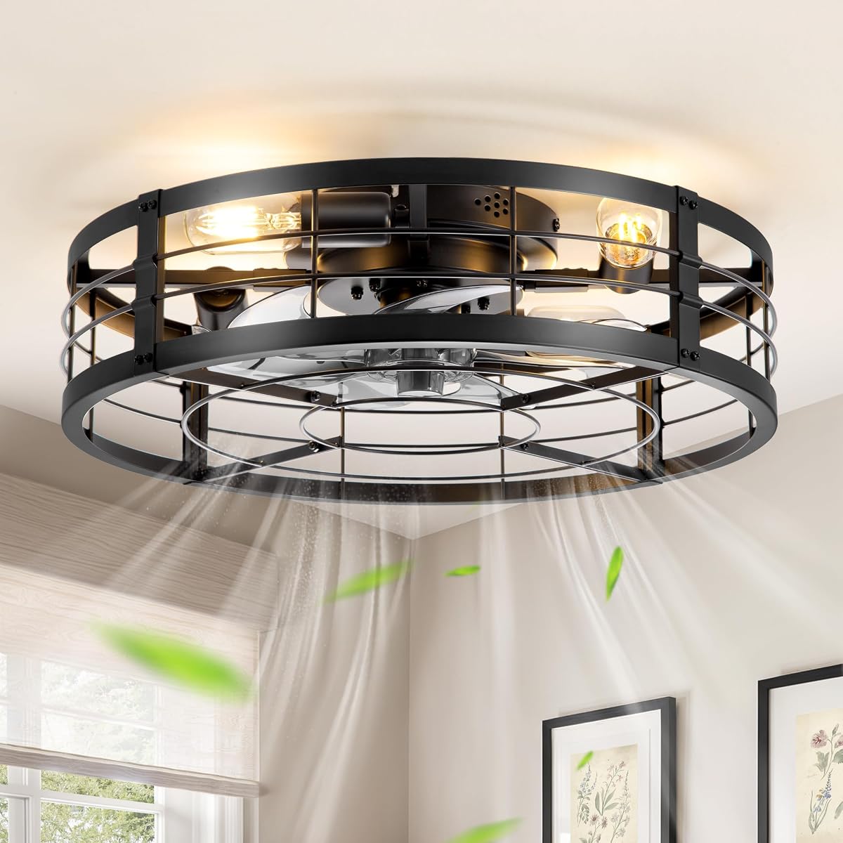 20" Black Caged Low Profile Ceiling Fan with Light and Remote | Flush Mount, Bladeless Enclosed Fandelier, 6 Speed, Quiet Powerful DC, Rustic,Farmhouse, Small, Bedroom, Kitchen, Indoor