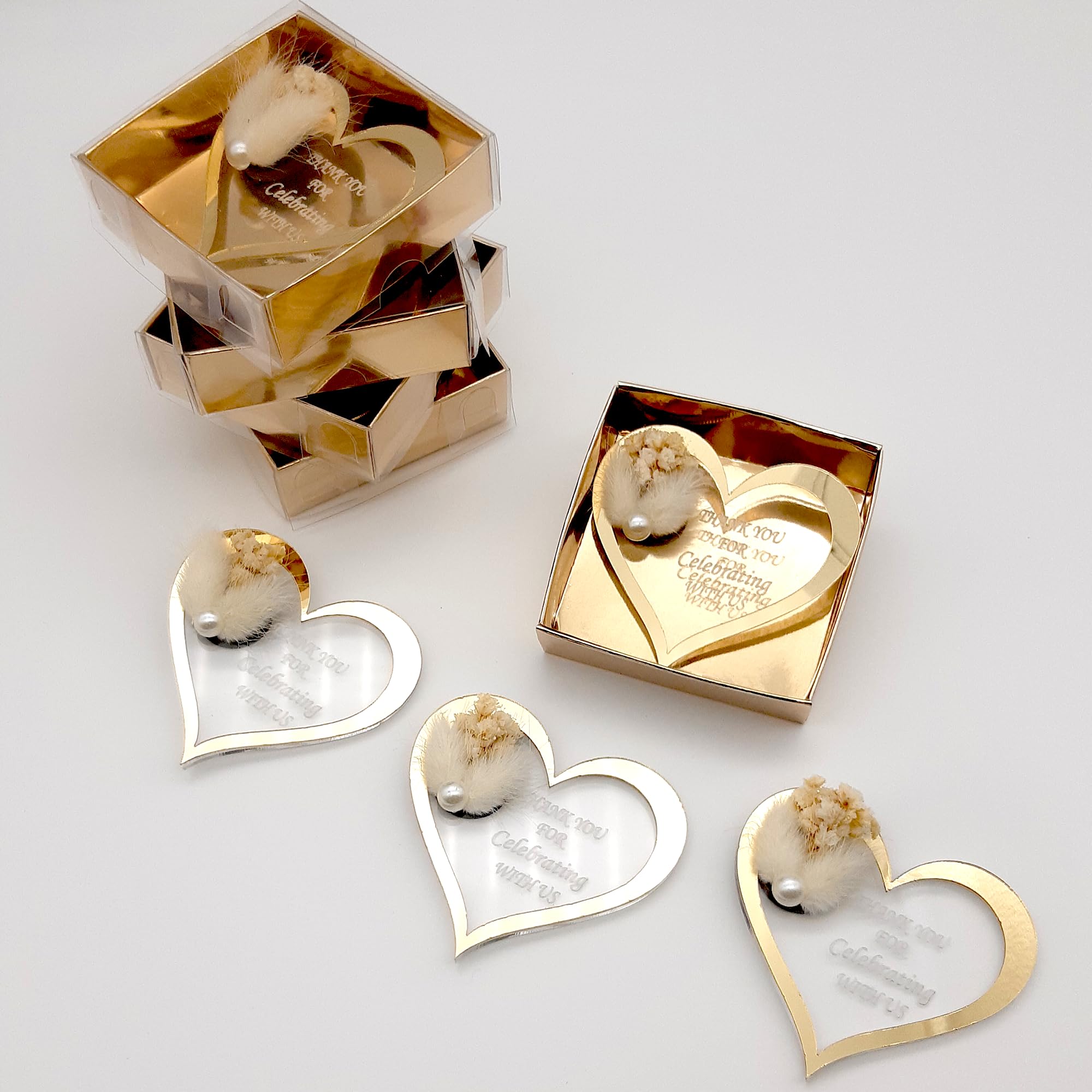 Bomboniere matrimonio, bomboniere battesimo,25 pezzi oro argento acrilico Magnete da Frigorifero comunione cresima compleanno (stile cuore oro, set da 25)
