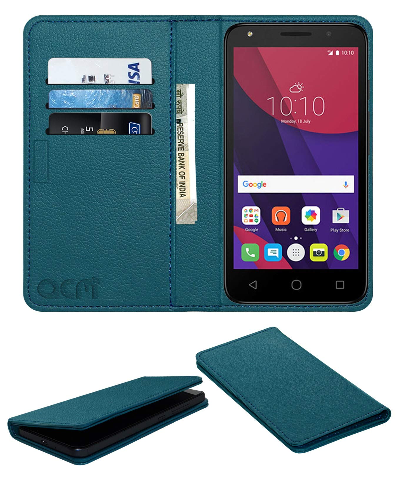 ACM Rich Leather Flip Wallet Front & Back Case Compatible with Alcatel Pixi 4 (5) Mobile Flap Magnetic Cover Turquosie