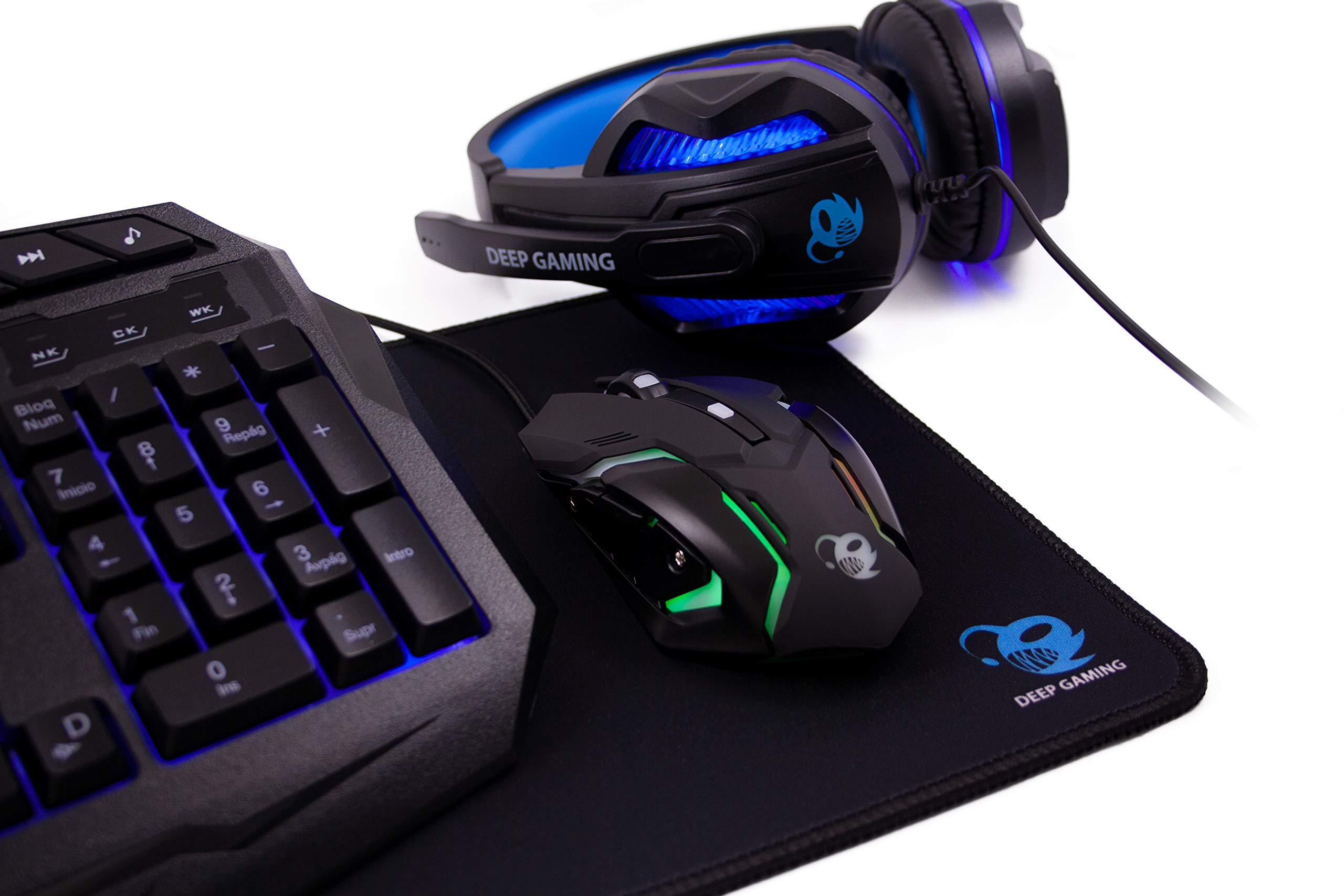 Deep Gaming X-Wing Setup Gaming 4 en 1: Teclado Membrana QWERTY con Ñ retroiluminado, ratón óptico LED 2400 dpi, Auriculares Gamer con micrófono, Alfombrilla Antideslizante. PC/Xbox One/PS4, Negro