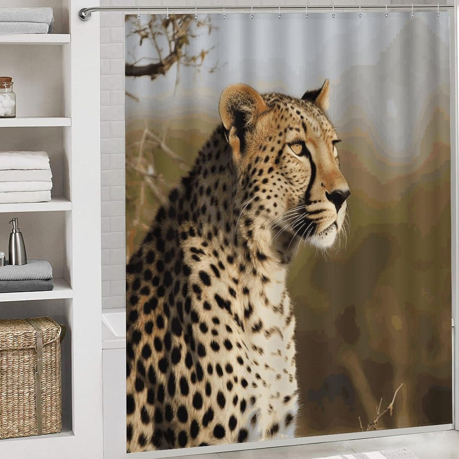 Wild Animal Leopard Shower Curtain Set 4 Piece, Non-Slip Bath Mat with Toilet Lid Cover and Waterproof Shower Curtain with 12 Hooks, Complete Bathroom Set for Home Decor