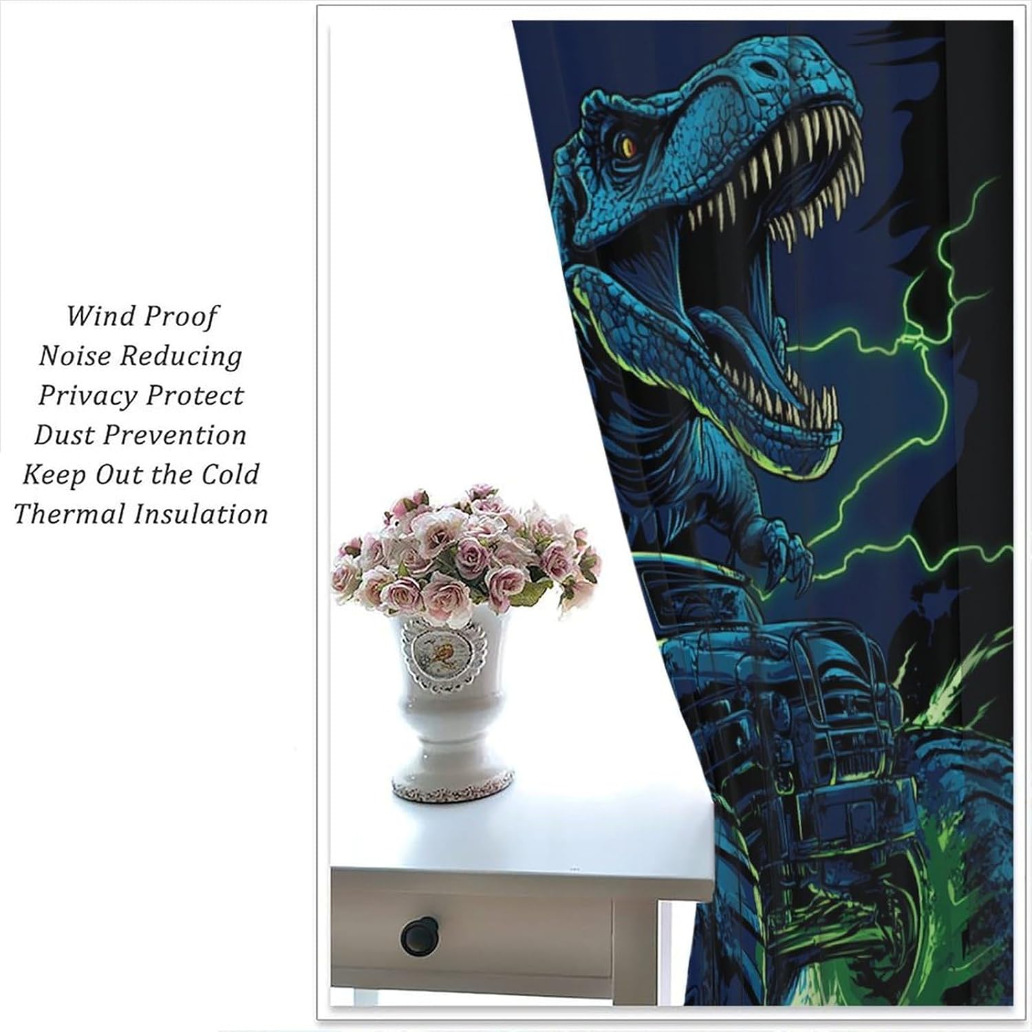Dinosaur Animal Fantasy Blackout Curtains for Bedroom, Grommet Drapes Thermal Insulated Room Darkening Novelty Monster Truck Curtains, 21W x 45L, 2 Panels