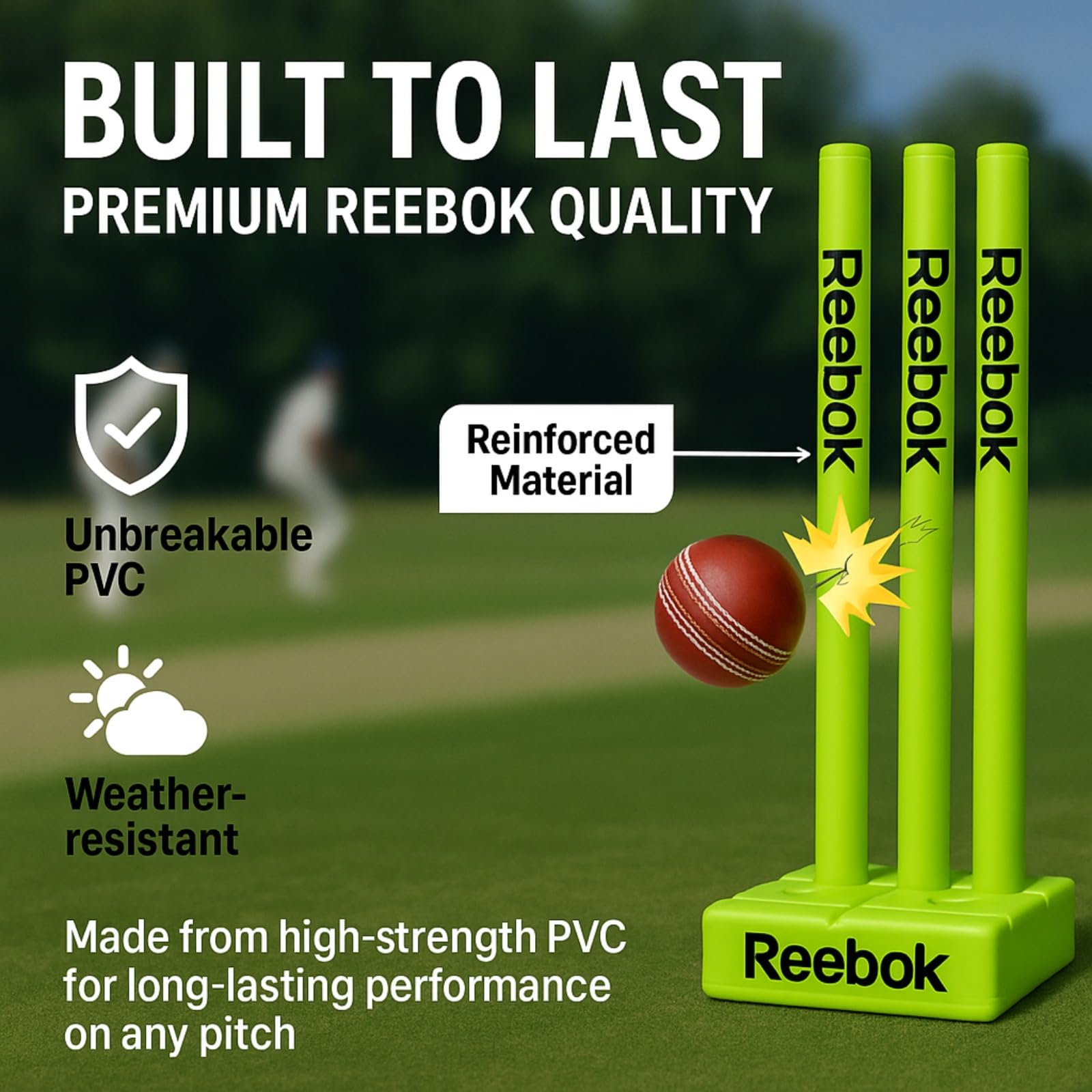 Reebok Ensemble de souches de cricket avec bélières – Base lourde, housse de transport de qualité supérieure, souches en plastique durable pour la pratique du cricket en extérieur et en intérieur