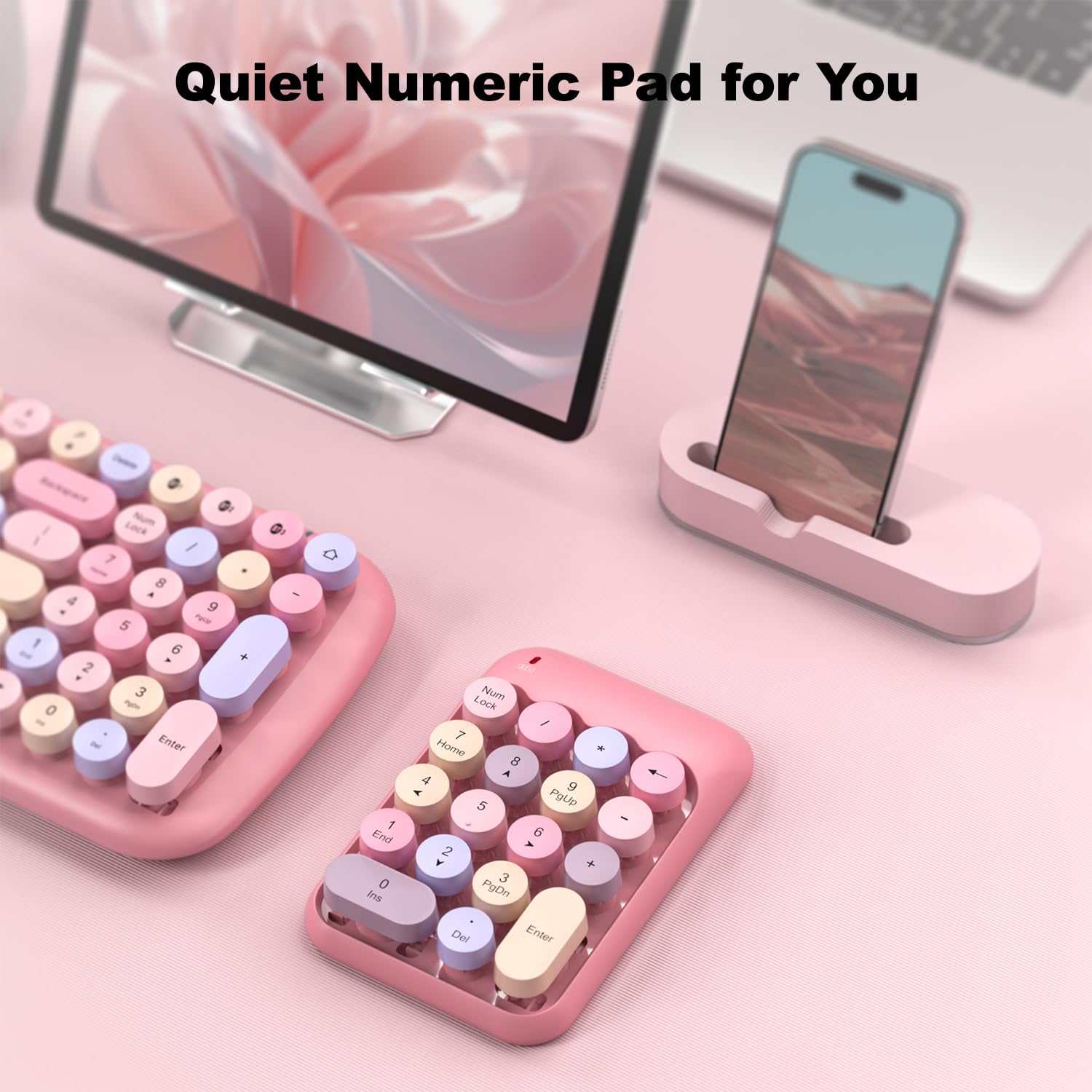 MOWUX Almohadillas numéricas inalámbricas, lindo teclado numérico colorido portátil de 2.4 GHz, extensiones de teclado de contabilidad financiera, teclado numérico de 10 teclas para computadora