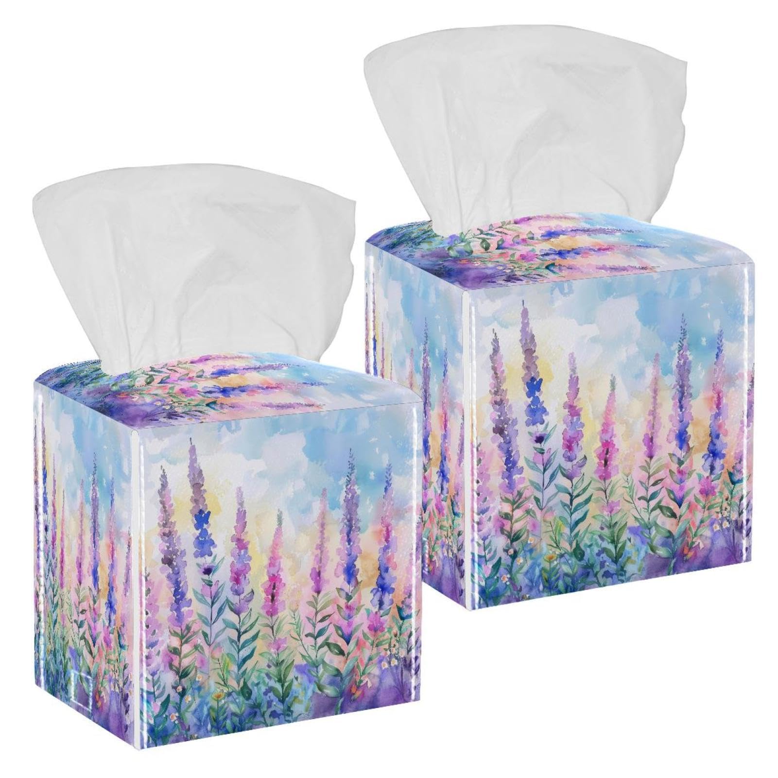 Lavender and Wild Herbs Tissue Box Cover, 2 Pack PU Leather Square Facial Tissue Dispenser Box holder for Home Office Car