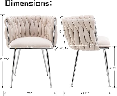 Miniatura 2 de LukeAlon Juego de 2 sillas de comedor modernas de lino, respaldo tejido, sillas de ocio con patas de metal plateado, sillas laterales tapizadas,