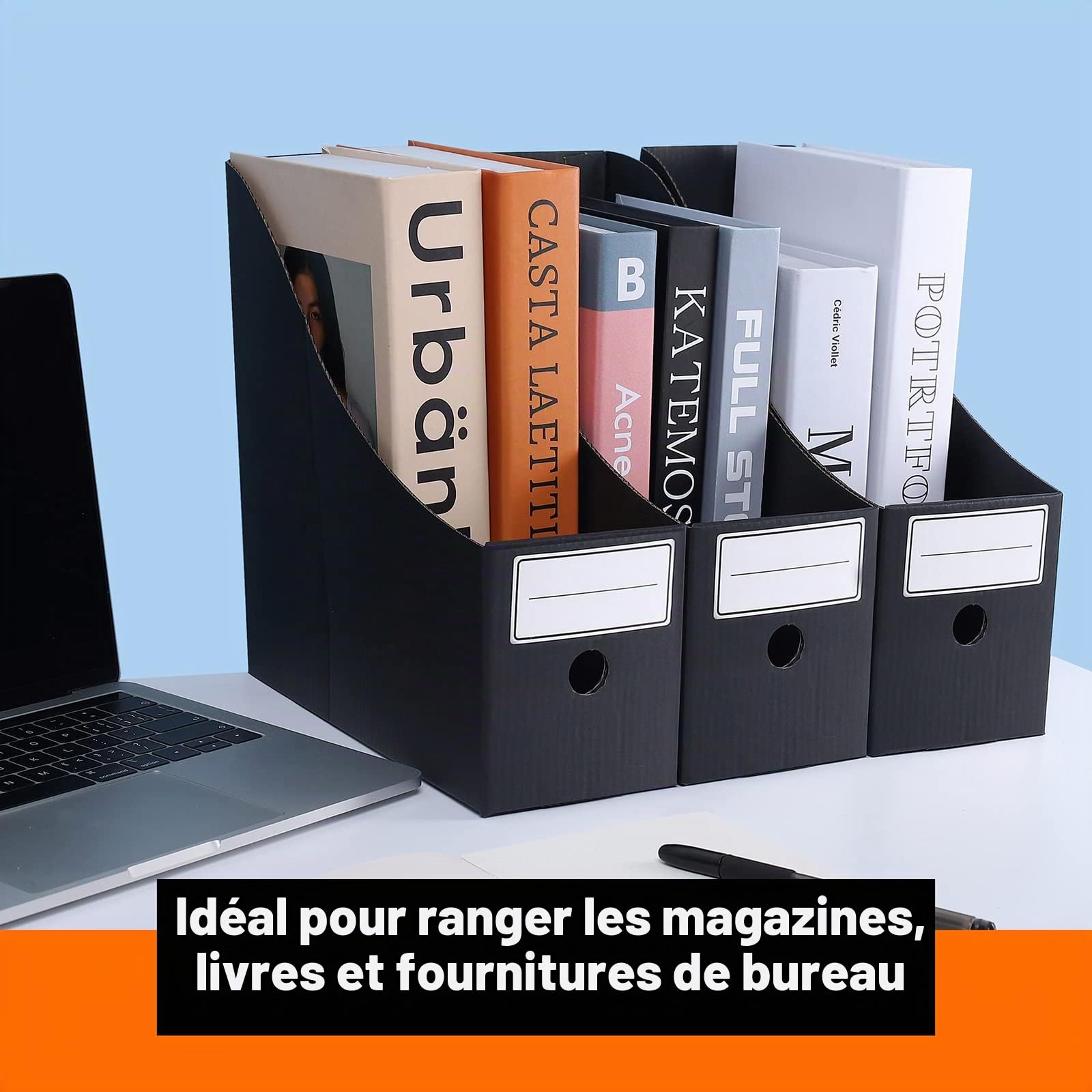 Lot de 6 Porte-revues en Carton, dos 10 cm, Dimensions 26,7 x 26 x 10,2 cm, Pour documents au format A4 - Couleur Noir