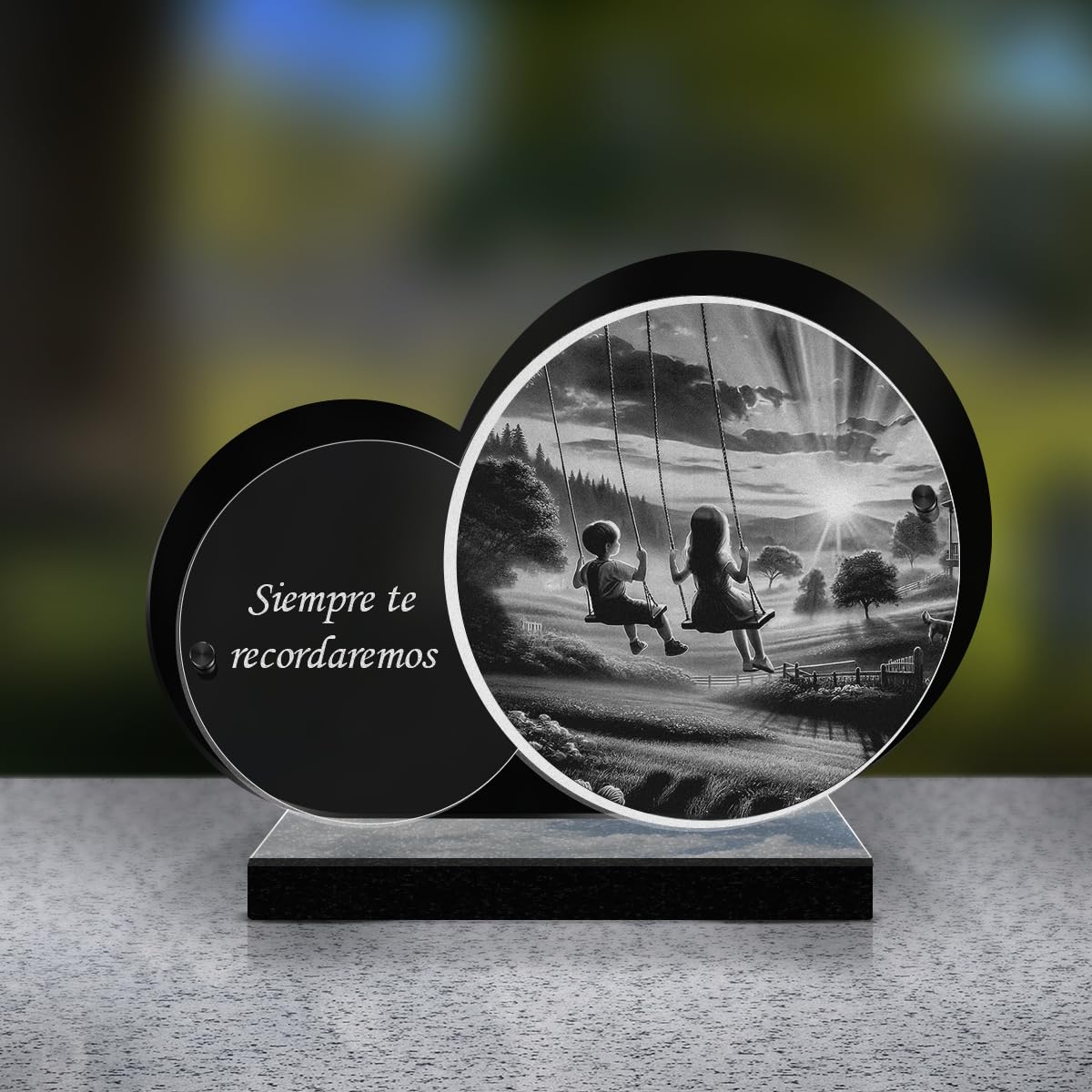 Eternel - Placa Funeraria Personalizada Doble Círculo - Niños Columpio, Infancia, Juegos - Texto Personalizable, Placa Funeraria Grabada con Láser para Homenaje, Placa Mortuoria, Tumba, Ceremonia