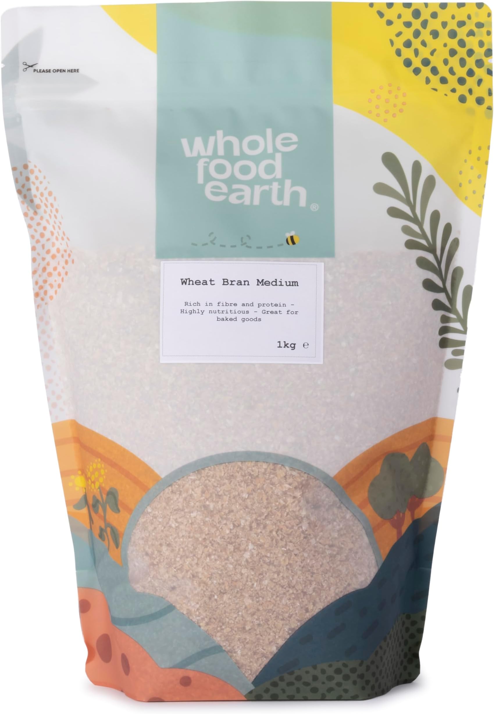 Wholefood Earth Wheat Bran 1kg - High Fibre, GMO-Free, Medium Grade