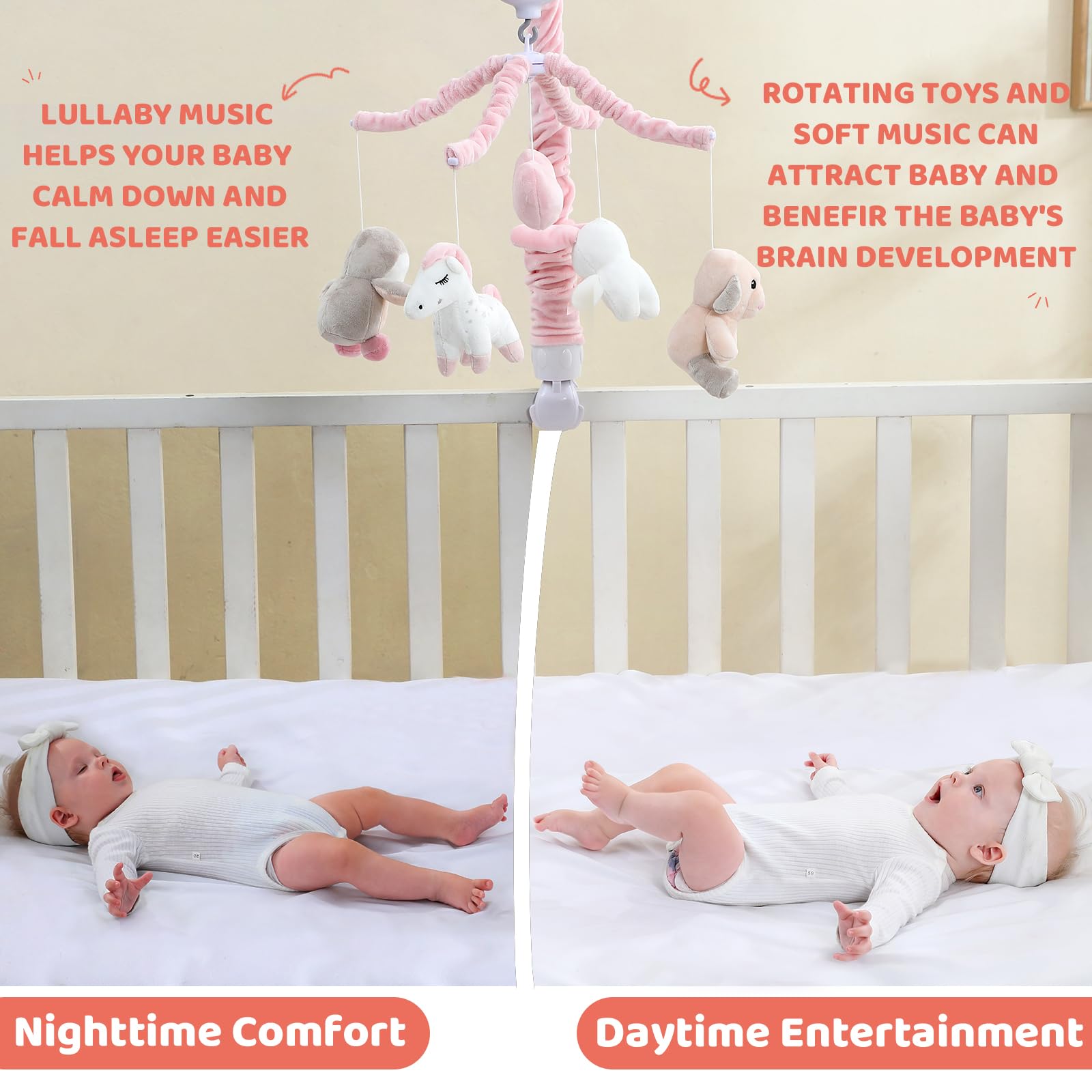 Móvil de cuna para niñas, móvil musical rosa suave para cuna con 12 canciones de cuna, brazo giratorio y juguetes de animales de peluche desmontables, decoración de guardería, móvil de bebé 4