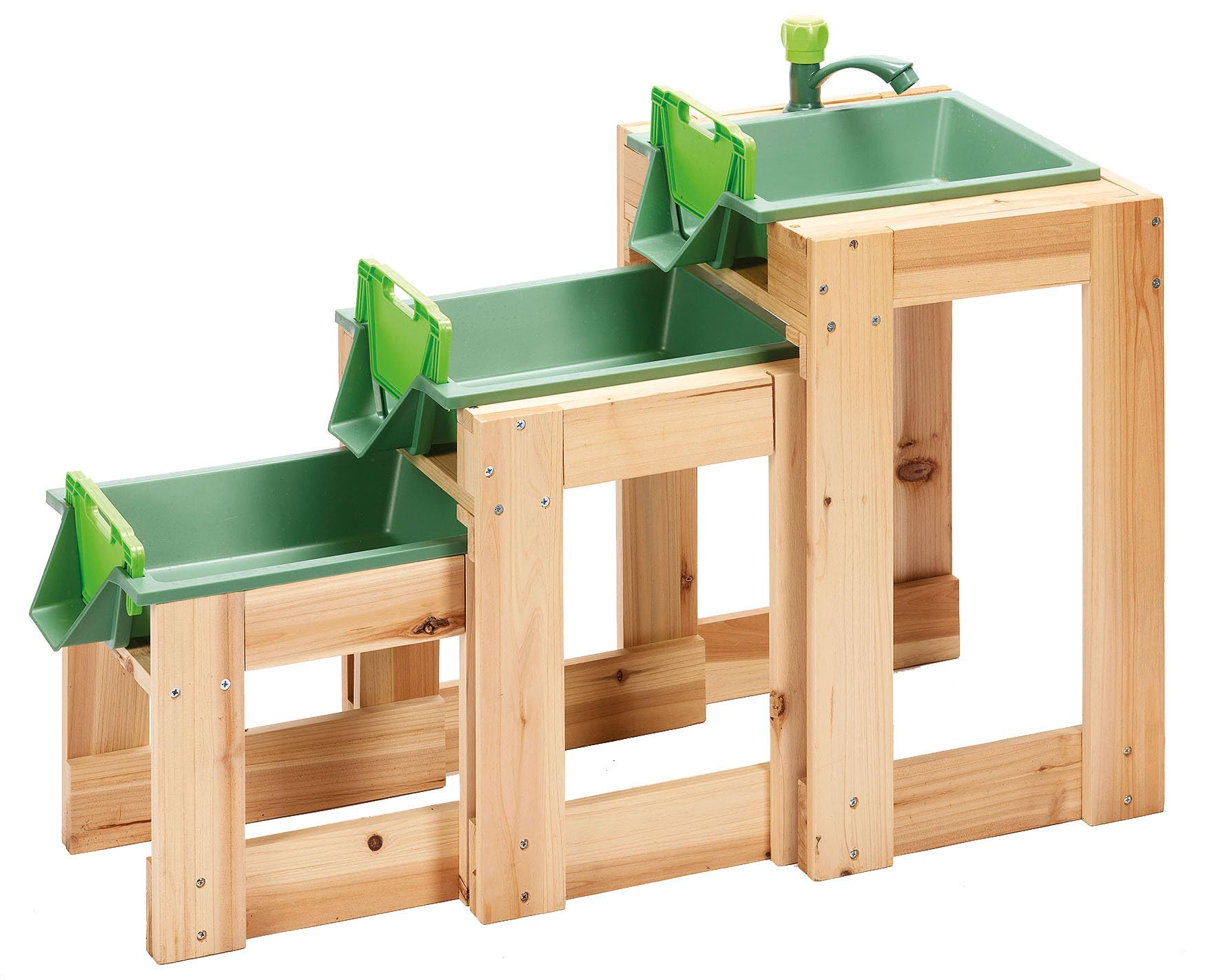 ToyToyToy Wasserbahn 3 teilige Wasserstraße mit Holzgestell Wasserhahn Schleusen Schlauchanschluss
