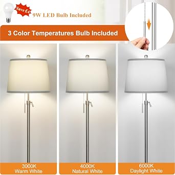 Qingmiao Floor Lamp,Silver Modern Lamps for Living Room with Lampshade | 140-165cm Adjustable Height,3 Colors Temperature,E27 Socket,Tall Standing Lamp for Bedroom Reading Office,9W Bulb Included [Energy Class A]