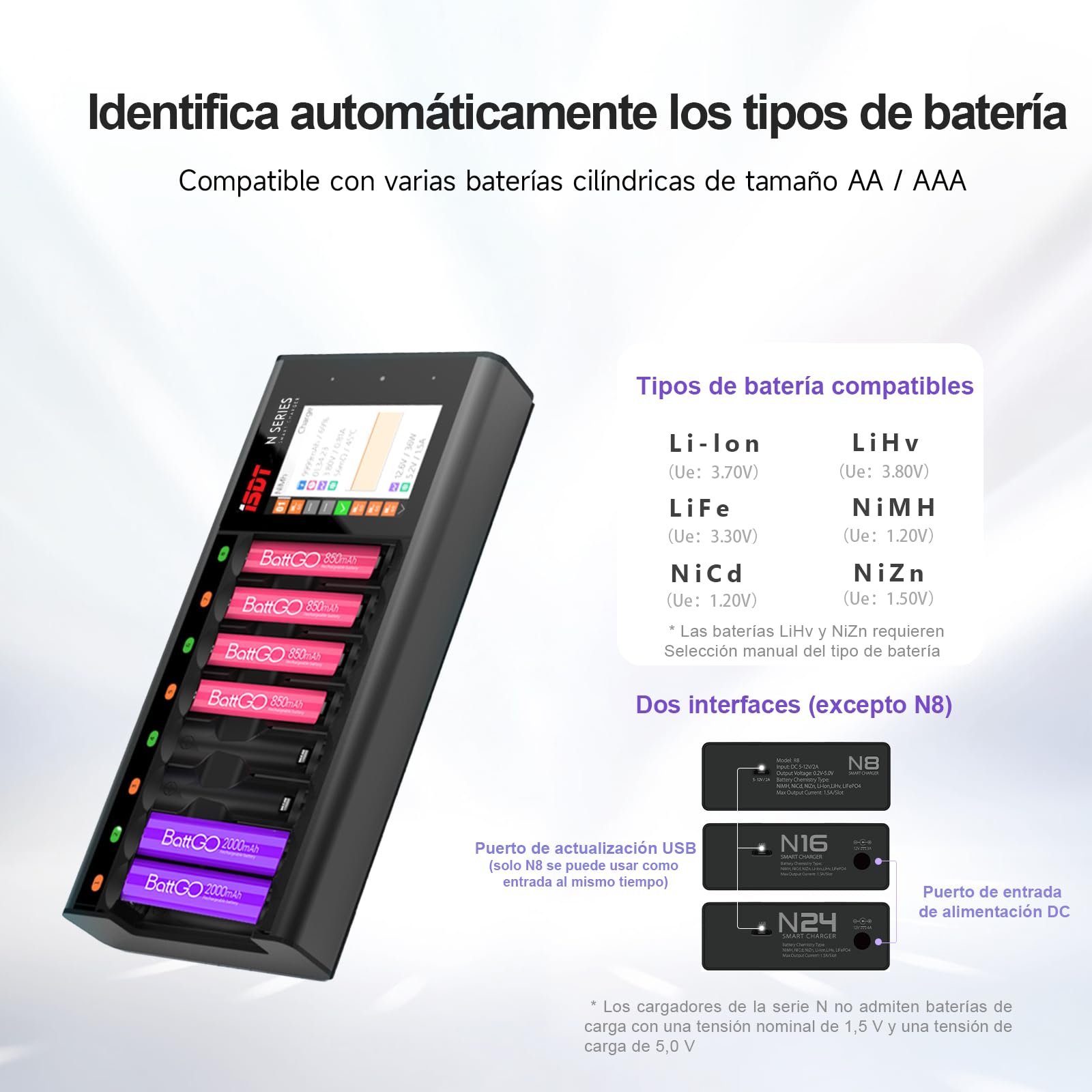 ISDT N16 Cargador Universal con Pantalla LCD | 16 Ranuras Inteligentes | Función de Descarga y Análisis | para Pilas Recargables AA AAA Li-LON LiHv Ni-MH Ni-CD LiFePO4 | Protección Completa