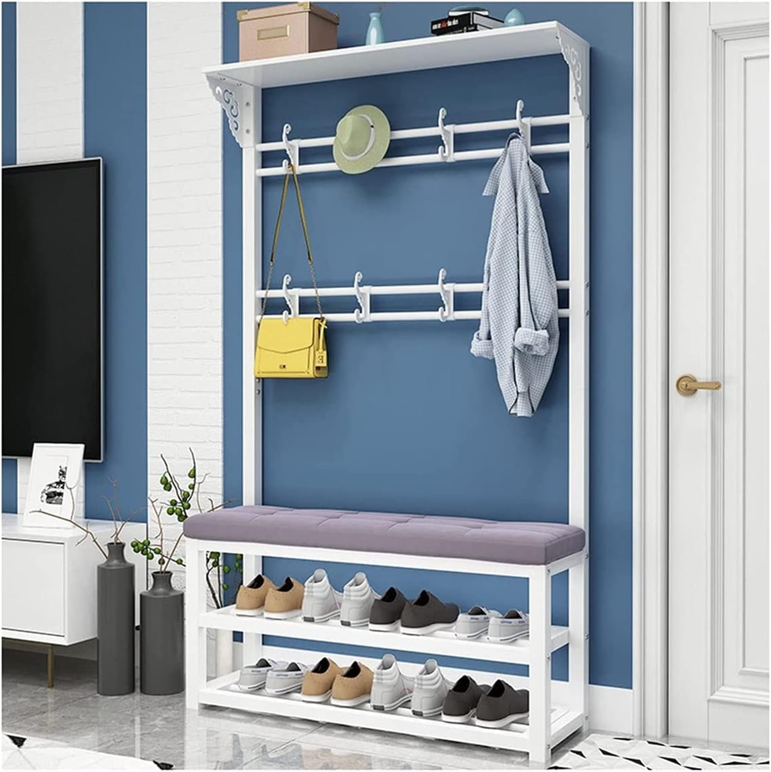 Matobuy Metal Coat Rack with Flannel Fabric Sponge Cushion Freestanding Clothes Rack Coat Hanger with Hooks Shoe Bench Shelf Strong Storage Capacity Easy Assembly