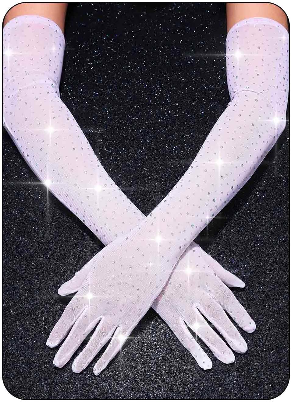 CASDRE Sparkly Rhinestone Gloves Long Mesh Elbow Length Arm Sleeves Wedding Prom Costume Gloves for Women
