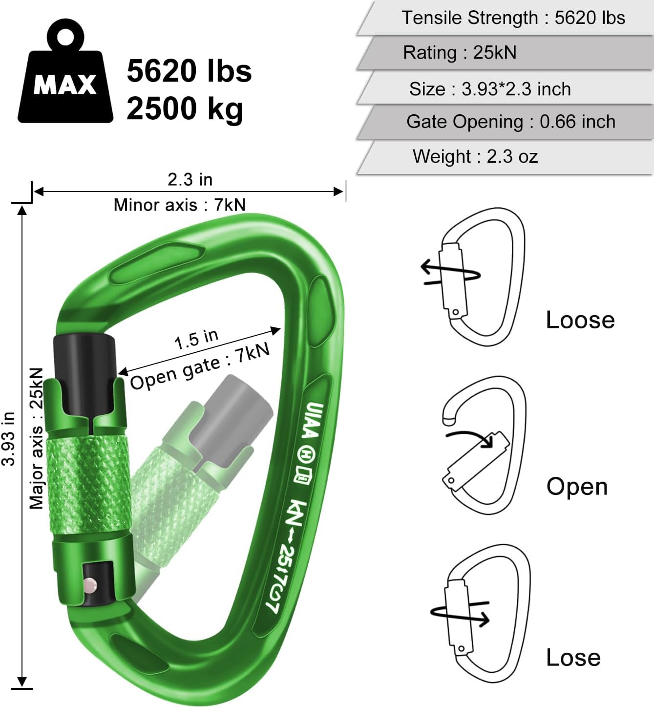 Climbing Carabiner Clips 25kN Auto Locking Carabiner, Professional Heavy Duty Large Locking Carabiner Clips for Rock/Ice Climbing Rappelling Rescue Swing etc, D Shaped, Large Size - Image 3