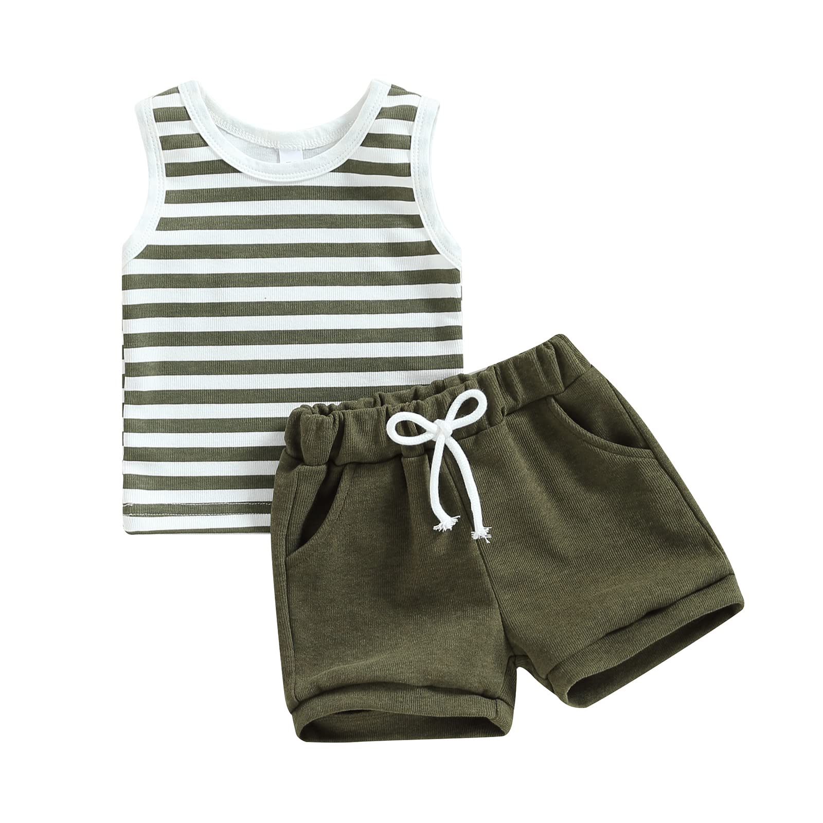 Rtnnsbbfcm Newborn Baby Girl Summer Clothes Sleeveless Striped Knit Tank Top Drawstring Shorts 2Pcs Casual Outfit (0-6 Months,Green)