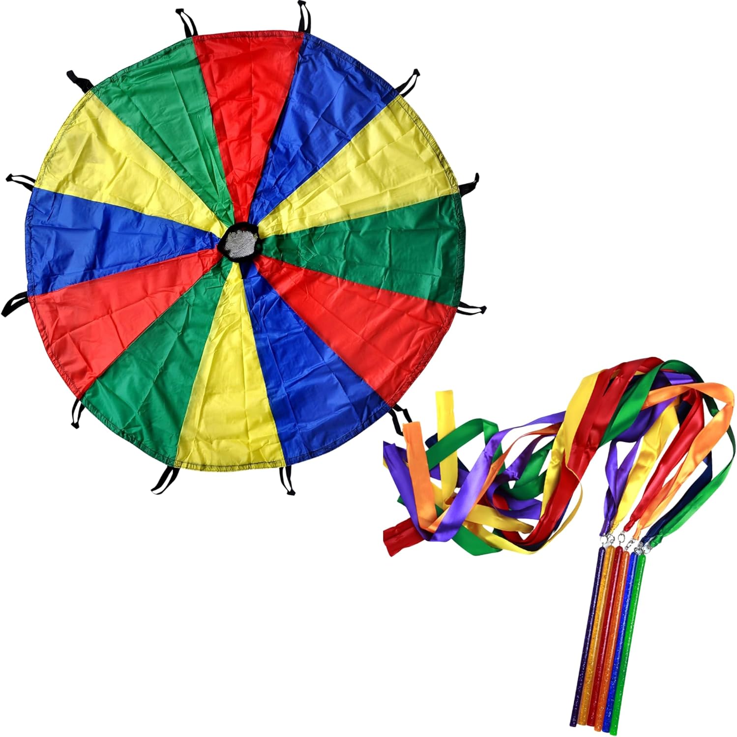 GSi Gymnastics Equipment for Kids 10–13 Years Bundle – 2 Items: 16 Ft Rainbow Parachute + 6 Sparkling Ribbon Wands | PE Class, Group Games, Outdoor Play, Rhythmic Dance & Cooperative Activities