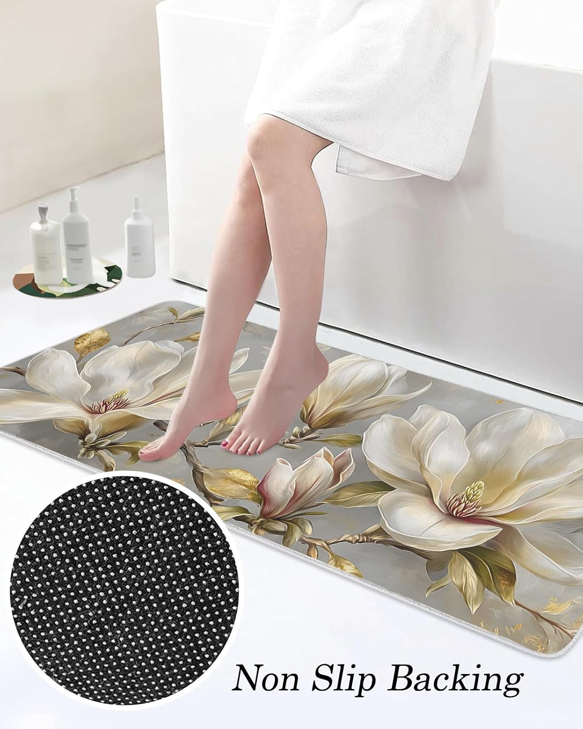 White Magnolia Floral Kitchen Mats Set of 2 Golden Luxury Leaf Modern Gray Non Slip Mat Washable Floor Rug for Kitchen Sink Floor Laundry, 23.6"x35.4"+23.6"x70.9"