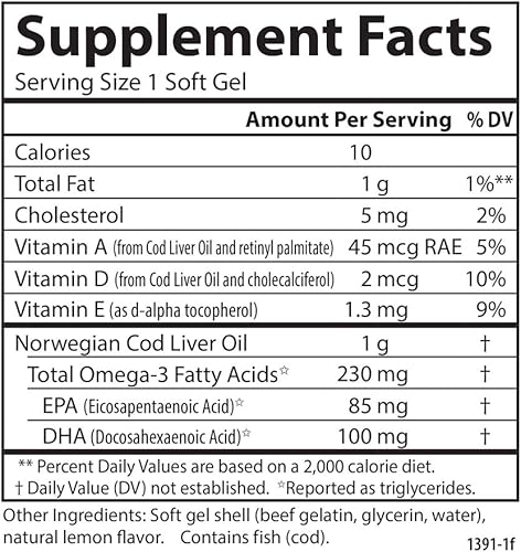 Miniatura 4 de Carlson - Gemas de aceite de hígado de bacalao, baja vitamina A, 230 mg de omega-3, noruego, capturado en la naturaleza, de origen sostenible, 150