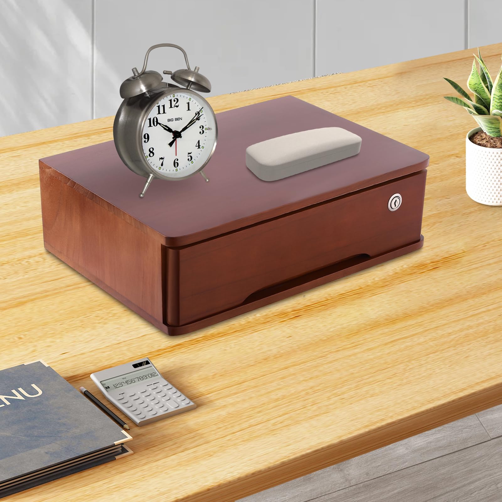 Organizer da scrivania in legno con cassetto chiudibile a chiave, per ufficio, cassetti, capacità per cancelleria, motivo ciliegia, 40 x 28 x 12 cm (colore noce)