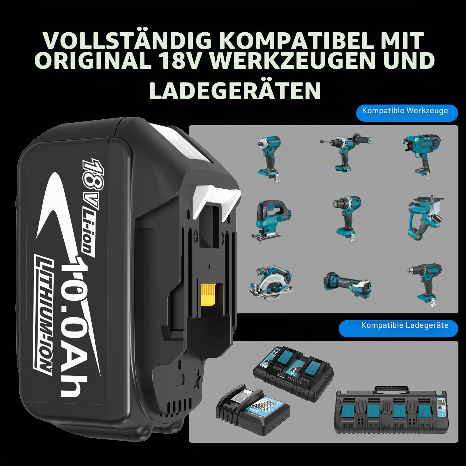 4X10.0Ah/10000mAh Ersatzakku für Makita Akku + Doppel-Ladegerät DC18RD BL1860B BL1850B BL1850 BL1860 BL1845 BL1830 BL1815 LXT-400 mit LED-Anzeige