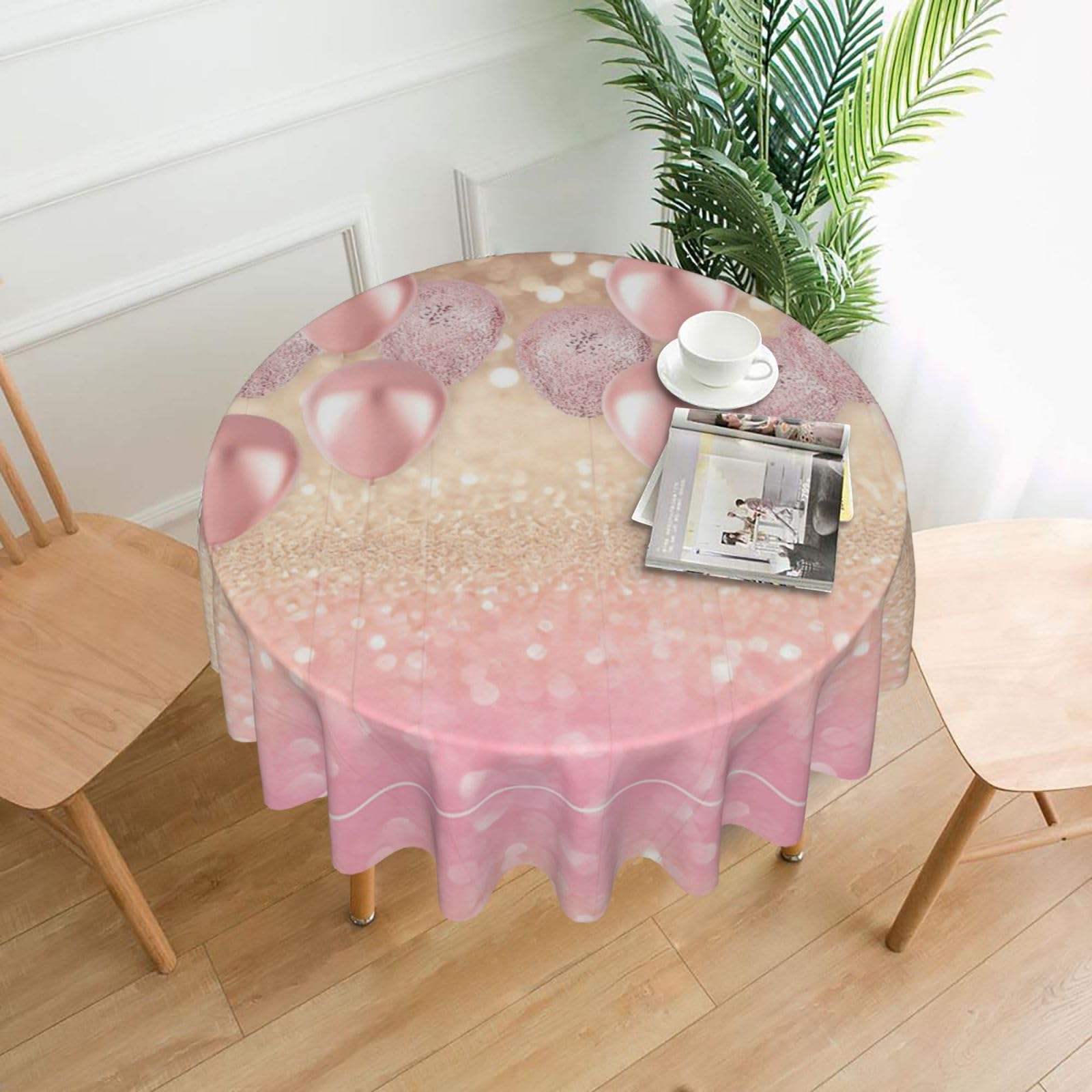 SDEGTHO Pink glitter balloon Print Boho Round Tablecloth 60in Vintage Polyester Cover for Wedding Party Thanksgiving