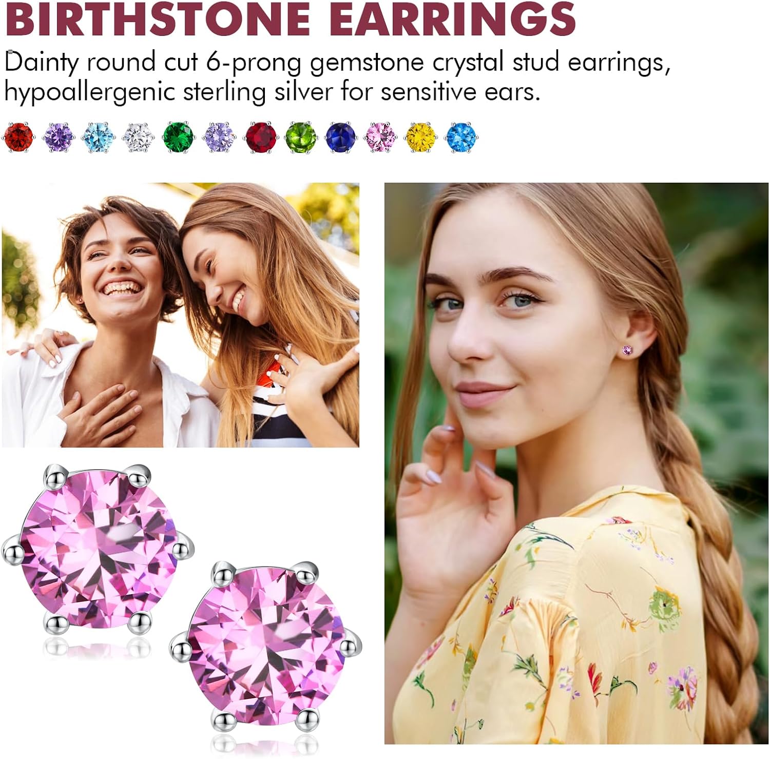 DAYBYDAY 925 Sterling Silver Birthstone Earrings for Women, Crystal Stud Earrings, 6.5mm Round Cut Solitaire Gemstone Earrings Birthday Jewelry - Image 2
