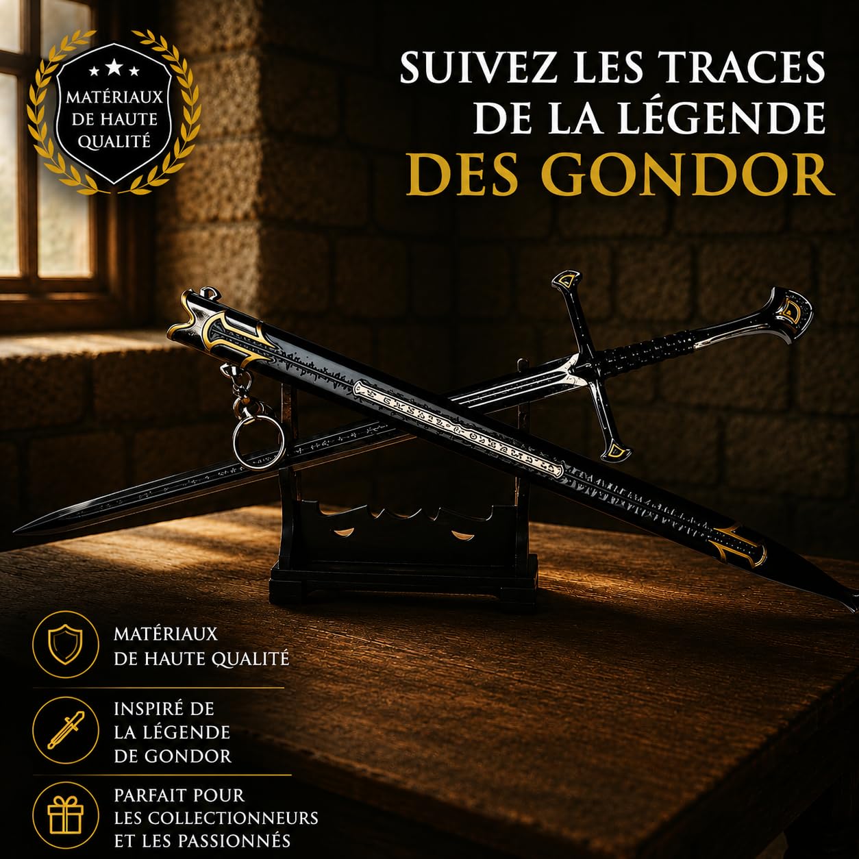 Le Seigneur des Anneaux Anduril Épée XL Ouvre-lettres avec fourreau 30 cm | "Flamme de l'Ouest" d'Aragorn en métal | Réplique du Moyen-Oeuvre & Décoration de bureau | Cadeau Fantaisie
