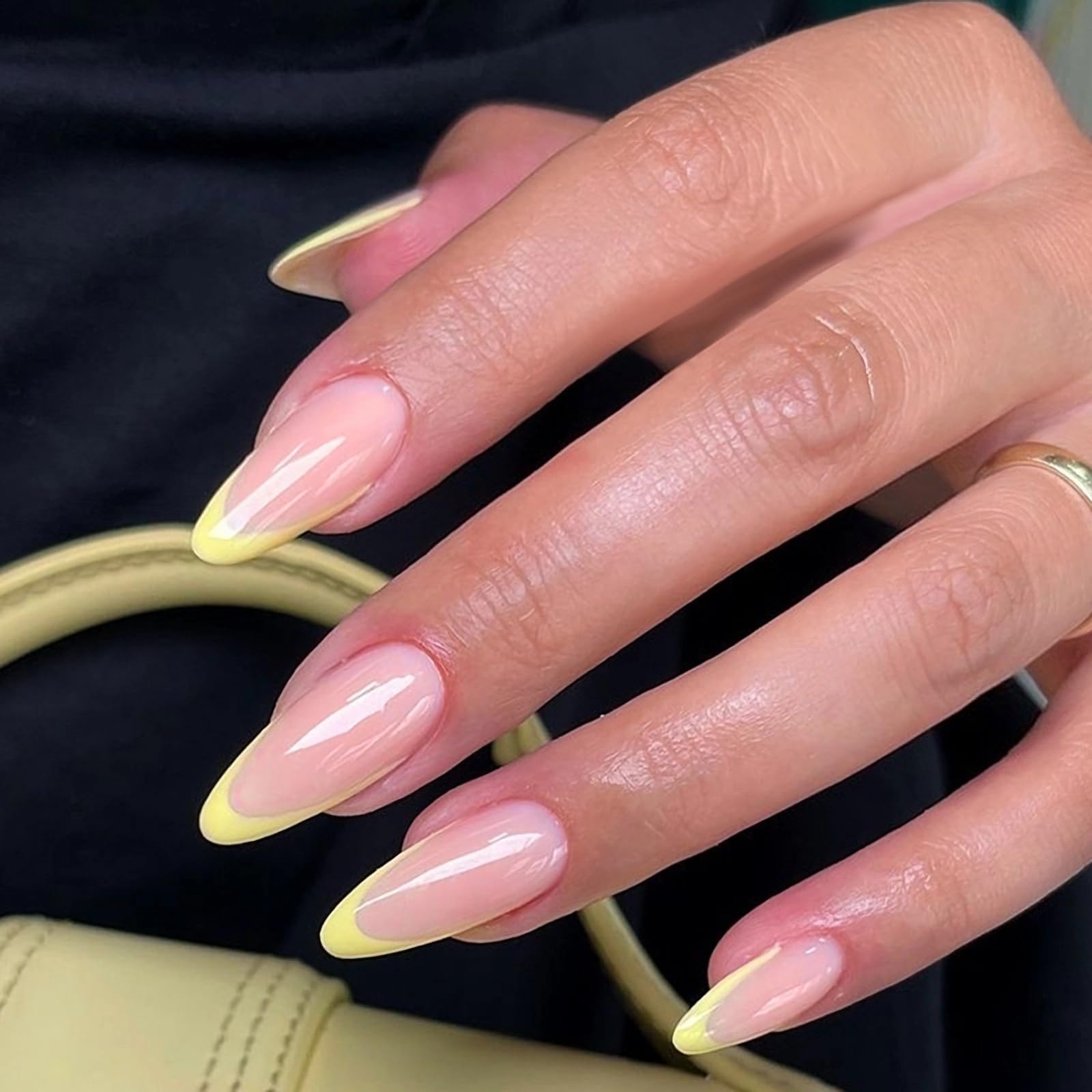 MERVF Almond Press on Nails Medium Fake Nails Yellow French Tip Stiletto Glue ons with Classic Design Clean Acrylic Nail 24pcs Glossy