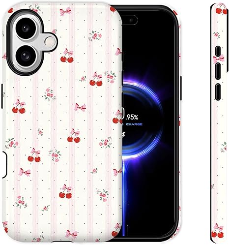 Cute Phone Case for iPhone 17 Case [Compatible with MagSafe] 2-Layer Hard Shell Glossy Rugge Shockproof Protection White Phone Case, Cherry Polka Dot Stripes