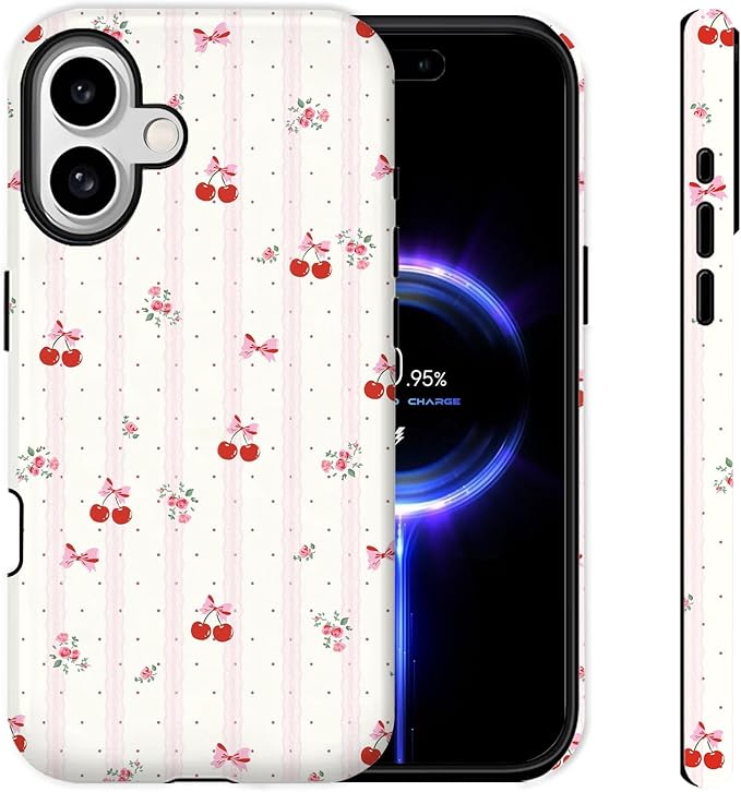 Cute Phone Case for iPhone 17 Case [Compatible with MagSafe] 2-Layer Hard Shell Glossy Rugge Shockproof Protection White Phone Case, Cherry Polka Dot Stripes