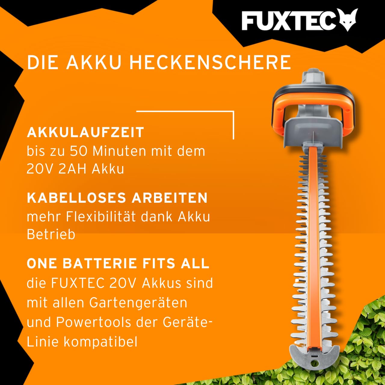 FUXTEC Heckenschere 20V inkl. Akku FX-E1HS20 Elektrischer Heckentrimmer mit Li-Ionen Batterie und Ladegerät – Schnittlänge 52 cm