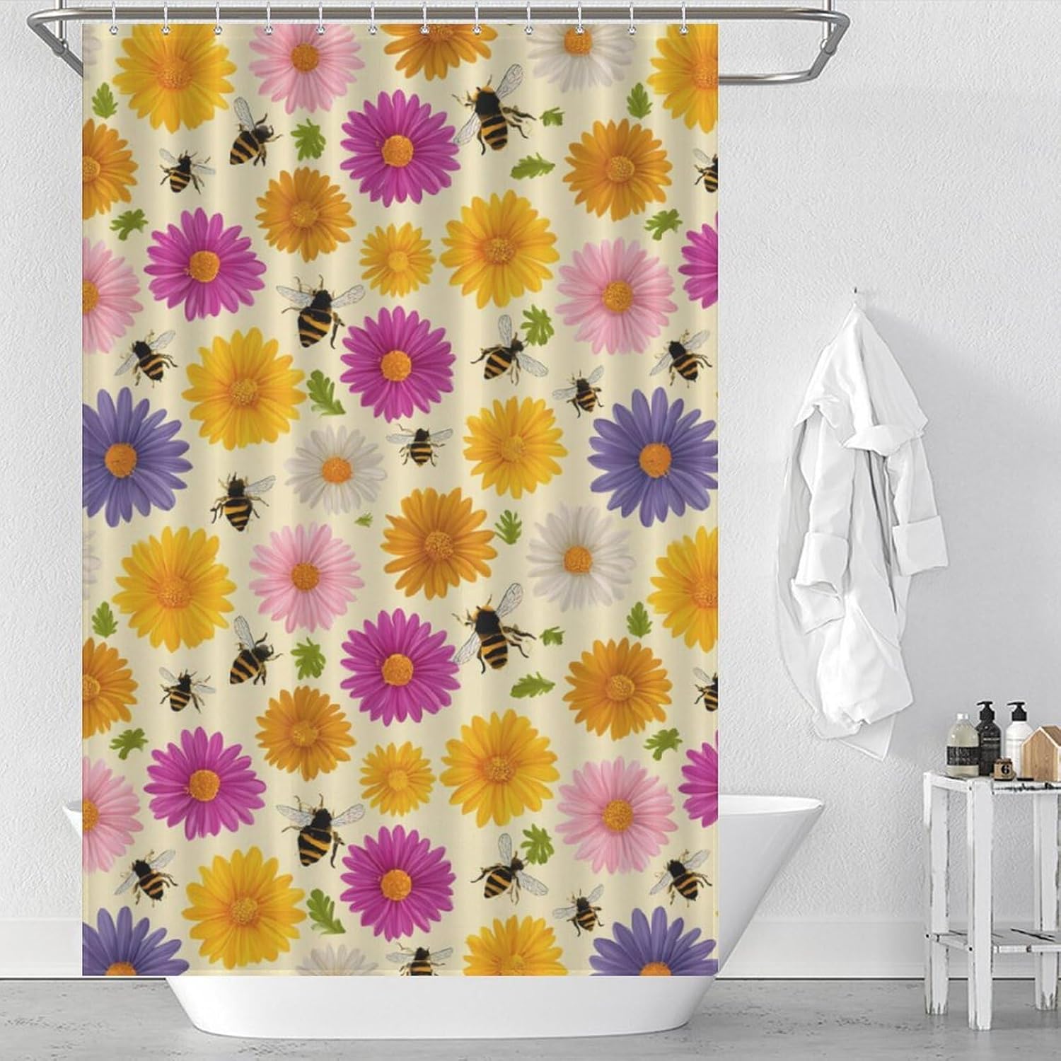 Bee and Floral Shower Curtain 46.85x70.87Inch（119x180cm） Polyester Bath Curtain Shower Curtains Printed Decorative