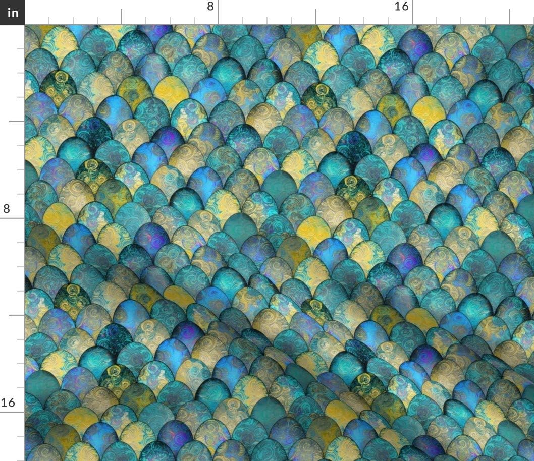 Spoonflower Fabric - Mermaid Turquoise Goldfish Dragon Ocean Fish Scales Easter Printed on Petal Signature Cotton Fabric by The Yard - Sewing Quilting Apparel Crafts Decor