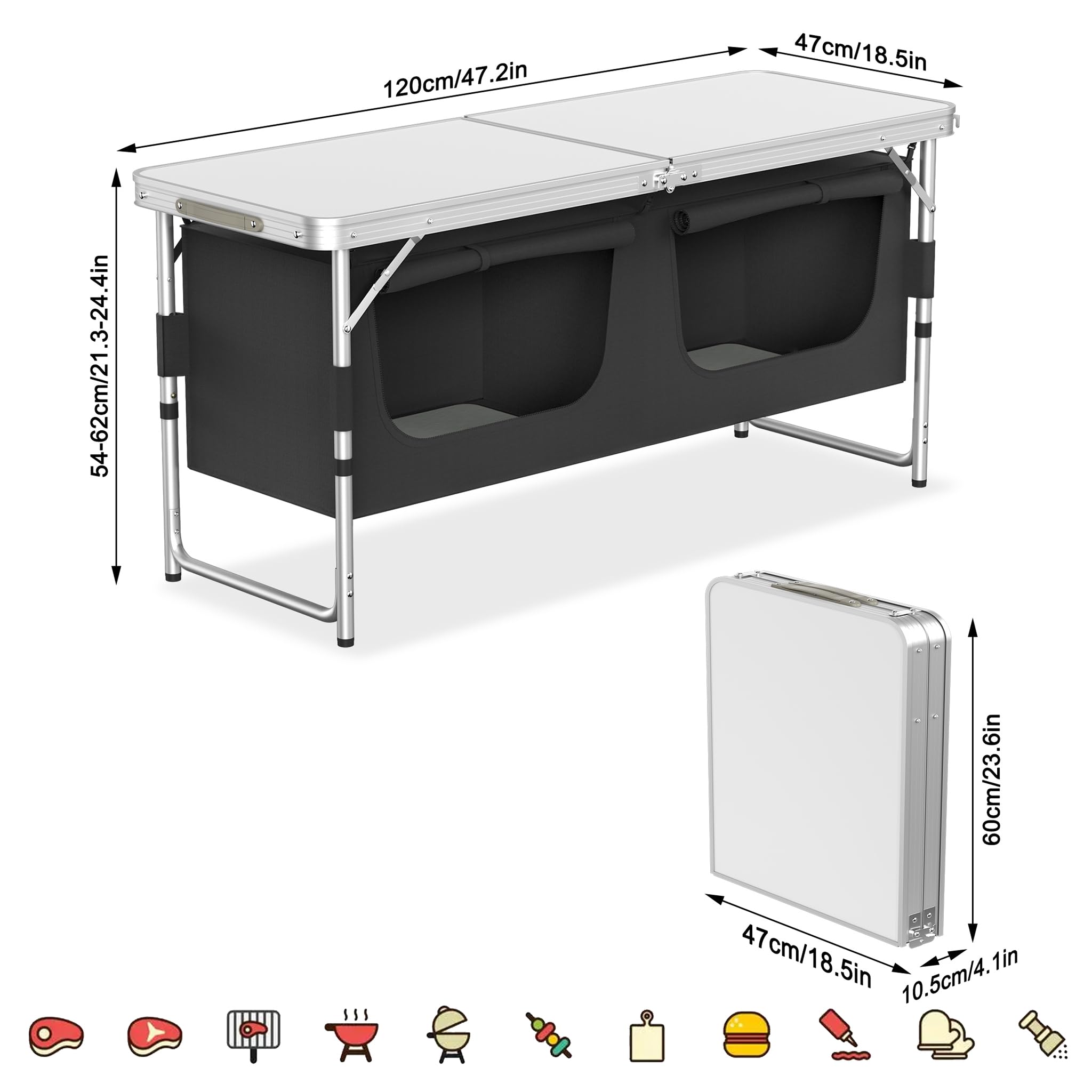 Campingschränke Outdoor Faltbare Campingküche aus Aluminiumgestell, Waschbare Oxford-Stoff & 5mm Dicke MDF Platten Mobiler Zeltschrank Küchenbox mit Tragtasche für Reise Strand Camping