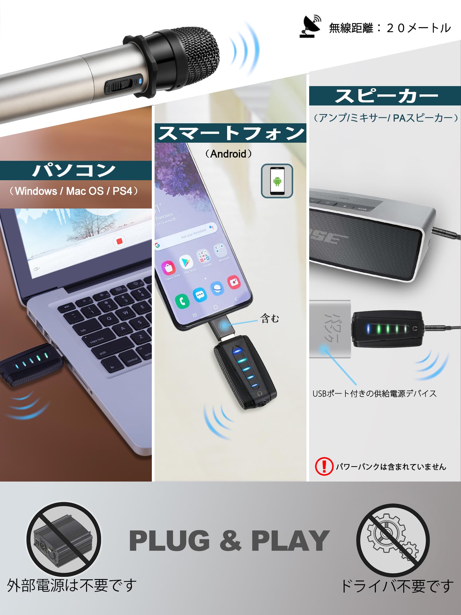 Alvoxcon Micrófono Inalámbrico USB para iPhone y PC - Doble Mic Recargable UHF de Mano, Compatible con Android, MacBook, Laptop, Altavoces PA - Ideal para Conferencias, Streaming, Podcast y Grabación