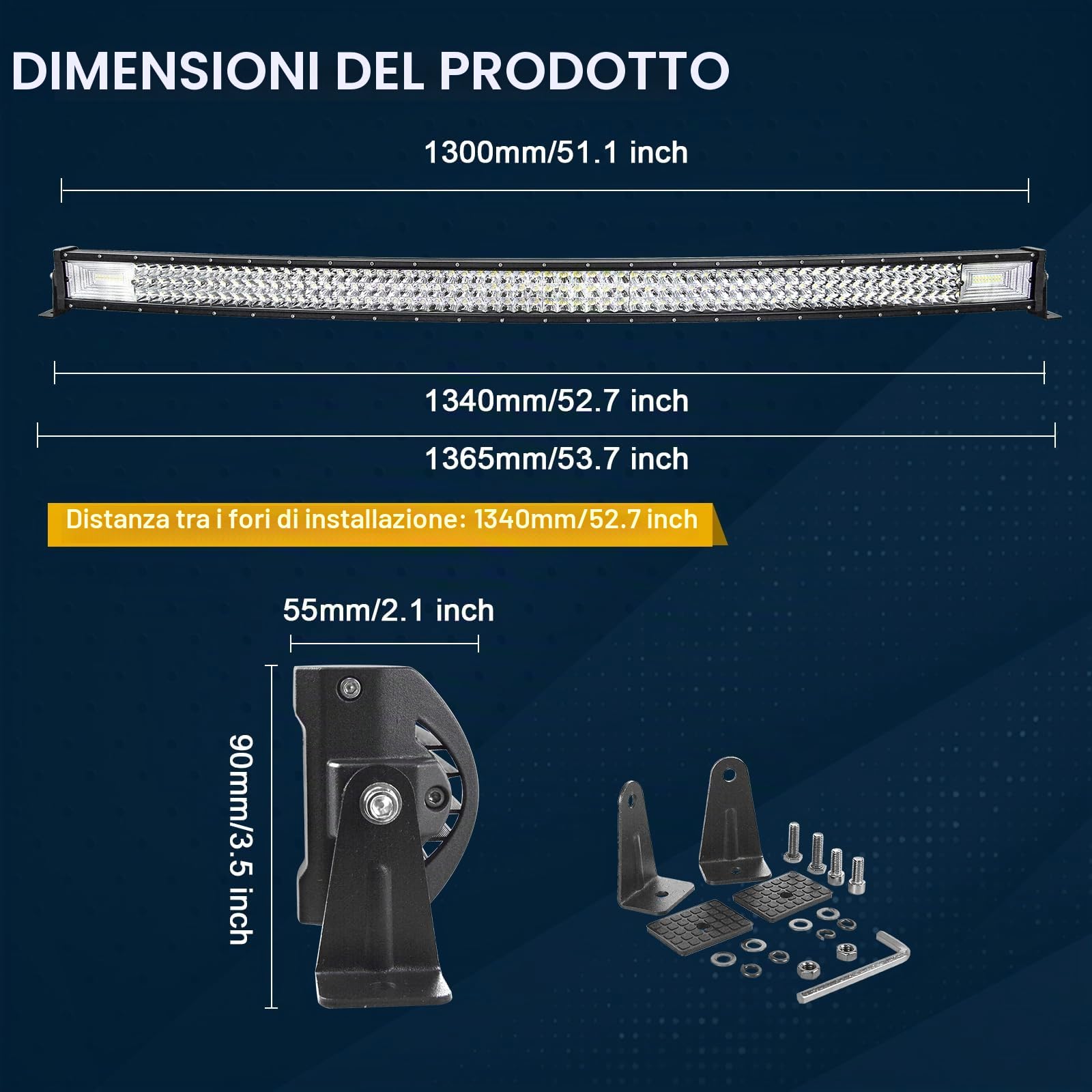 RIGIDON 52 pollici 130cm 675W curva barra led fuoristrada 12V cablaggio kit | 2x 5 pollici 135W luci di lavoro, barra luce led per auto camion SUV ATV 4x4 veicoli barca, impermeabile, 6000K, fendinebbia