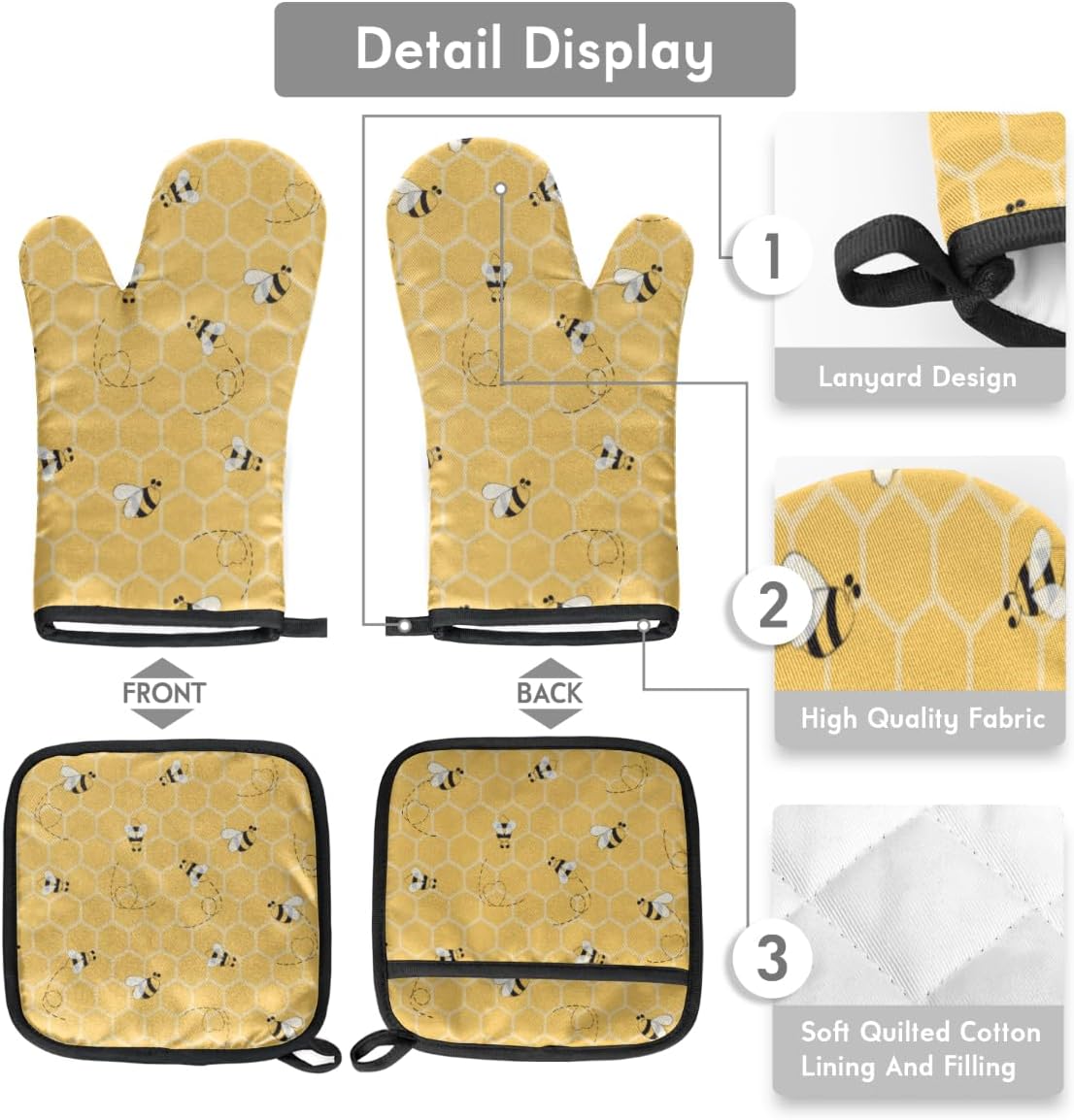 2 Pcs Kitchen Oven Mitts Heat Resistant Cooking Gloves with Hanging Loops Oven Mitts and Pot Holders Pad Set for Cooking Baking Grilling (Bee)