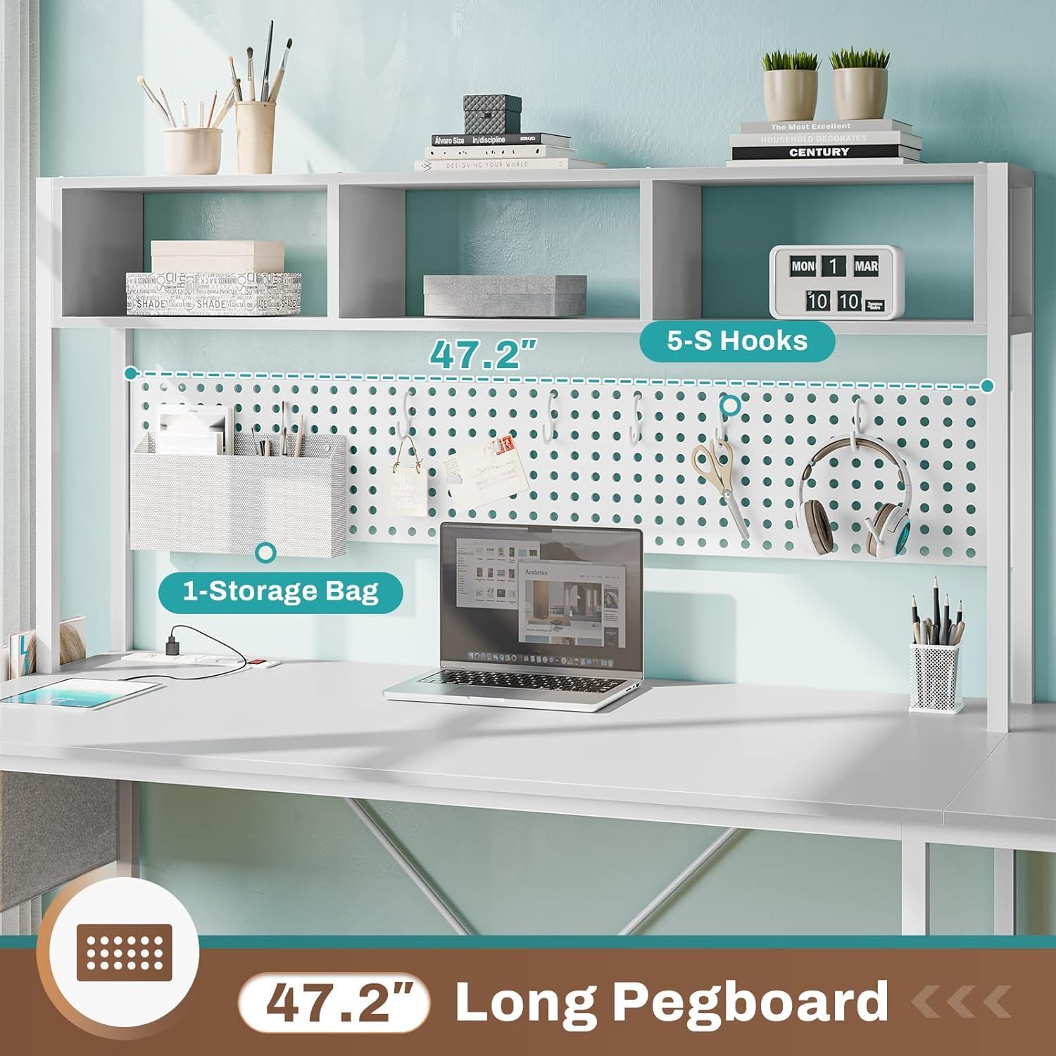 SEDETA White L Shaped Gaming Desk, Reversible Corner With Power Outlet and Pegboard, Hutch, Storage Shelf, Keyboard Tray, and LED Lights for Home Office - Image 4