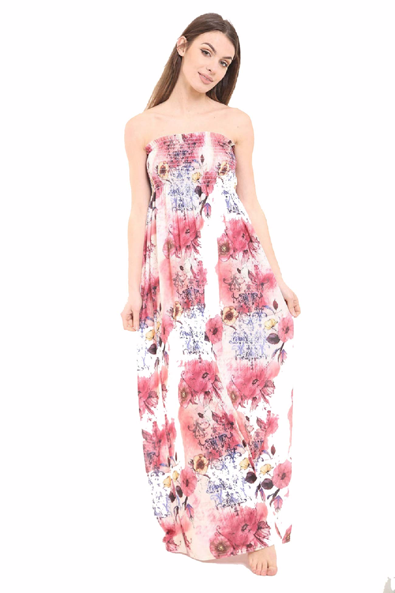 METLUQ M0D4 Womens Ladies Plus Size Printed Gathered Boobtube Bandeau Sheering Maxi Dress (Tie Dye Floral Print, UK 12-14 M/L)