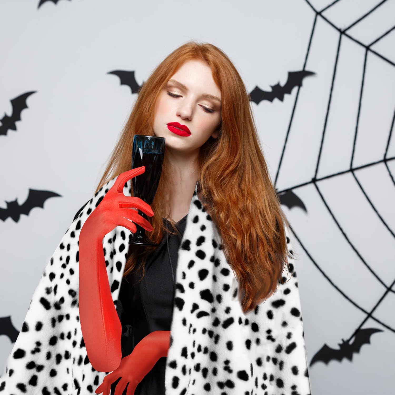 Halloween Cruella Costume for Women, Dalmatian Shawl, Black White Wig,1920s Red Gloves Deville Costume for Cosplay