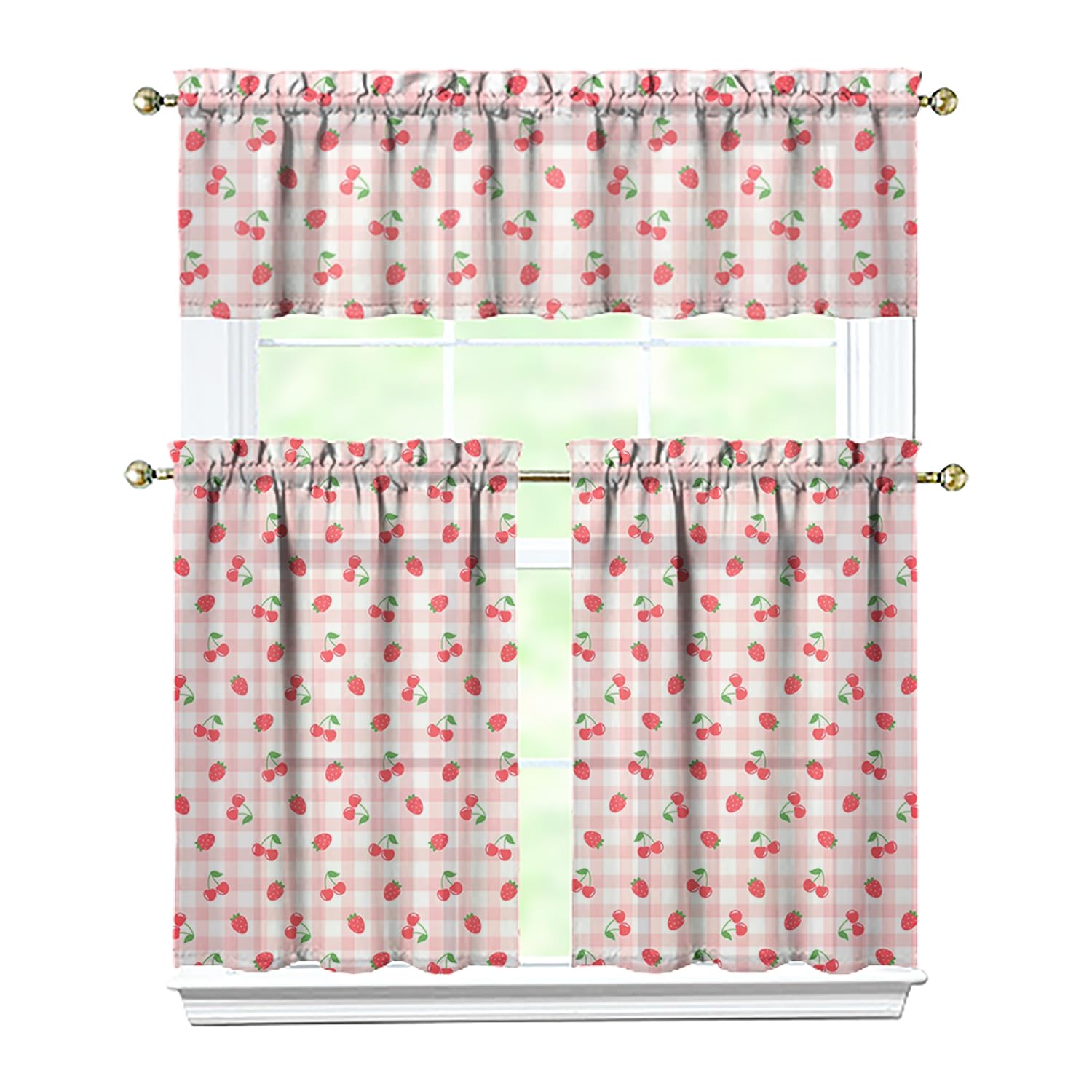 Photo 1 of Koesnbre Strawberry Cherry Kitchen Curtains Valances and Tiers Set for Windows,Cute Bathroom Window Curtain Valance 3 Piece Sets,Kitchen Decor for Living Room,54"x 36"